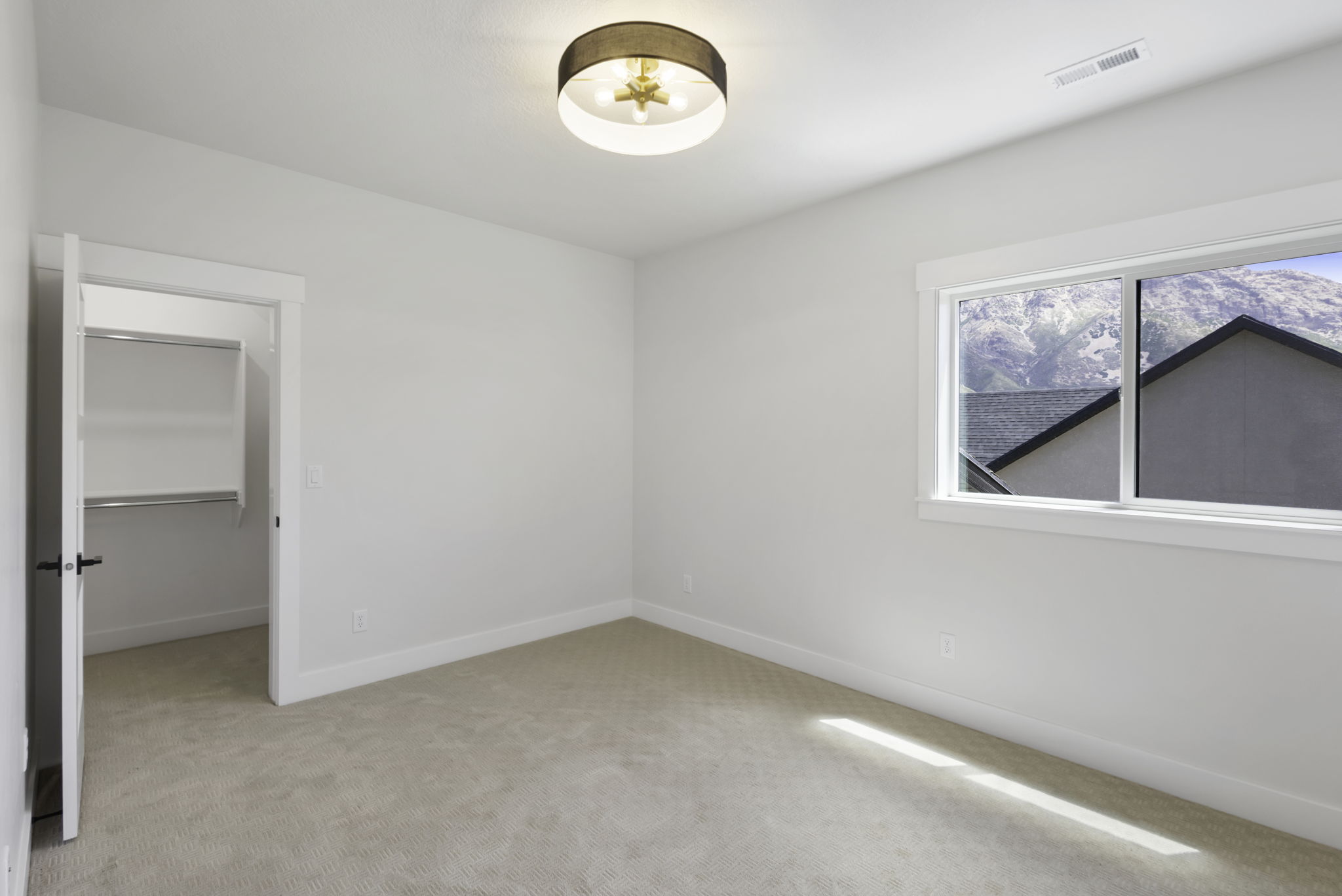 Neutral-toned room featuring a window with mountain scenery, a walk-in closet with built-in shelving, plush carpeting, a modern flush-mount light fixture, and white trim