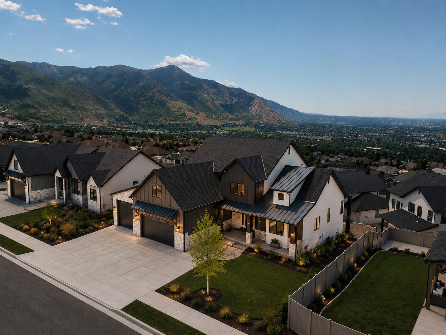 Modern farmhouse architecture with a mountain backdrop and expansive city panorama