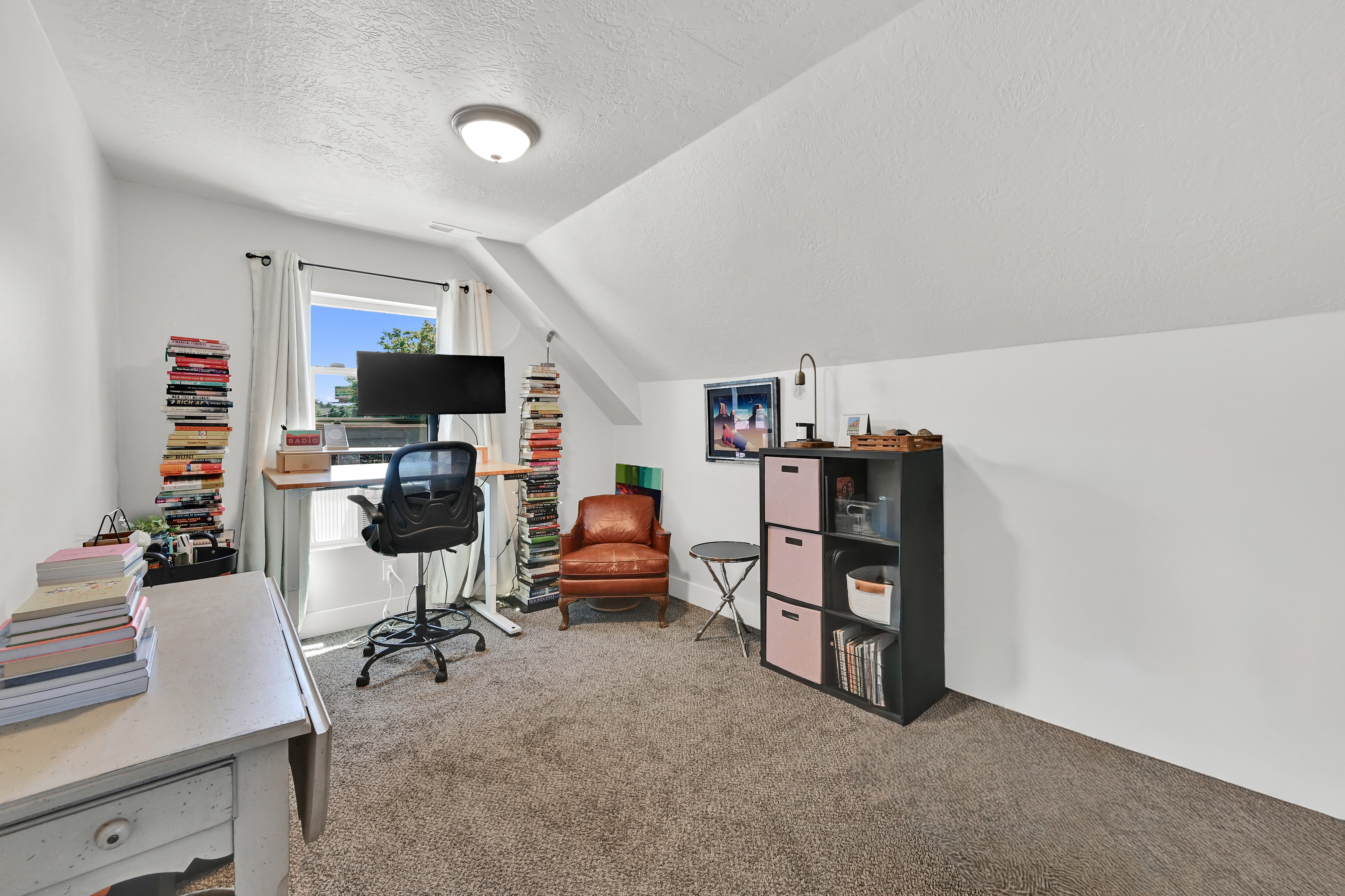 Carpeted room with a pitched ceiling and a single window