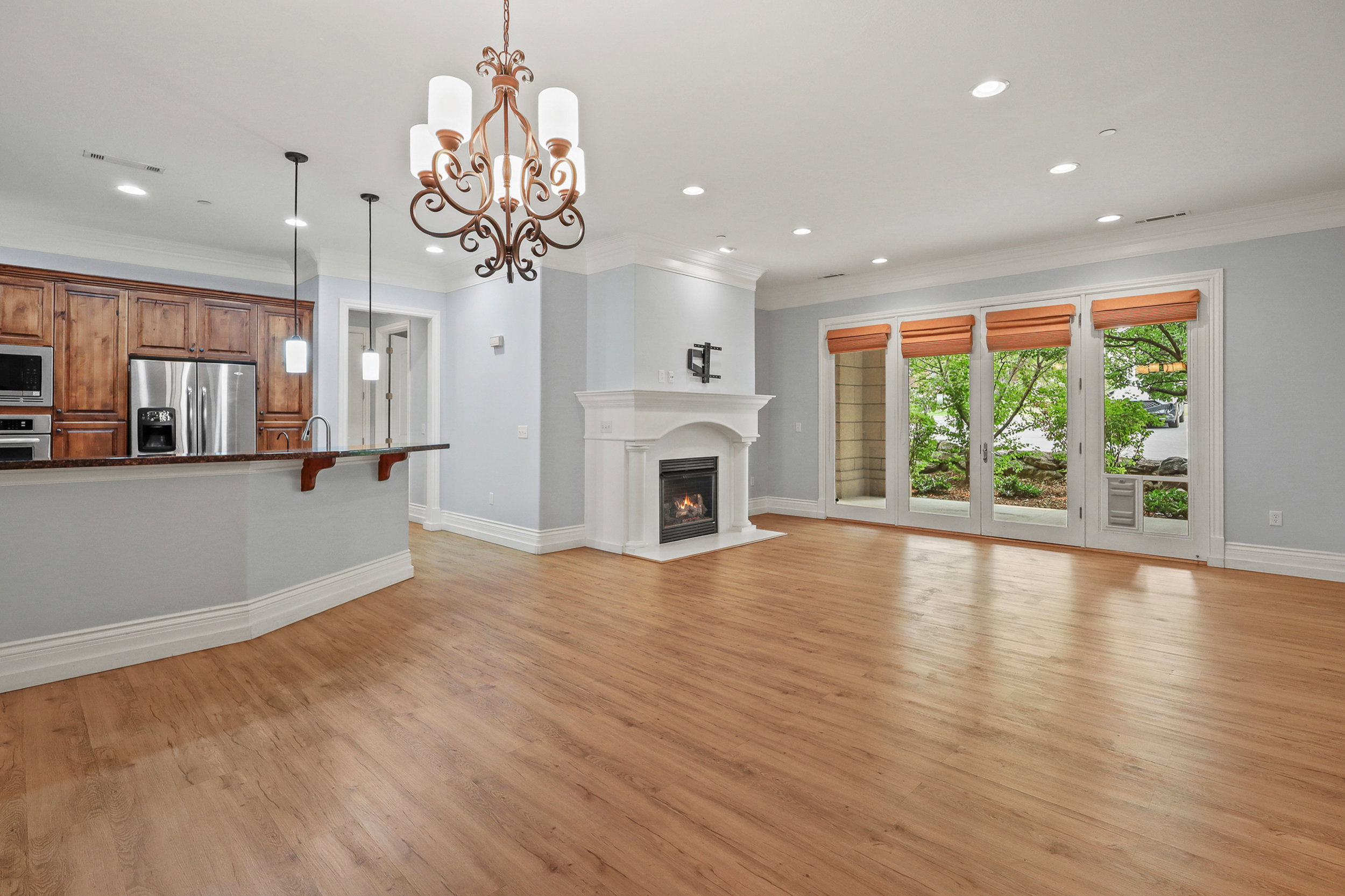 Open concept kitchen, living room, and dining room.