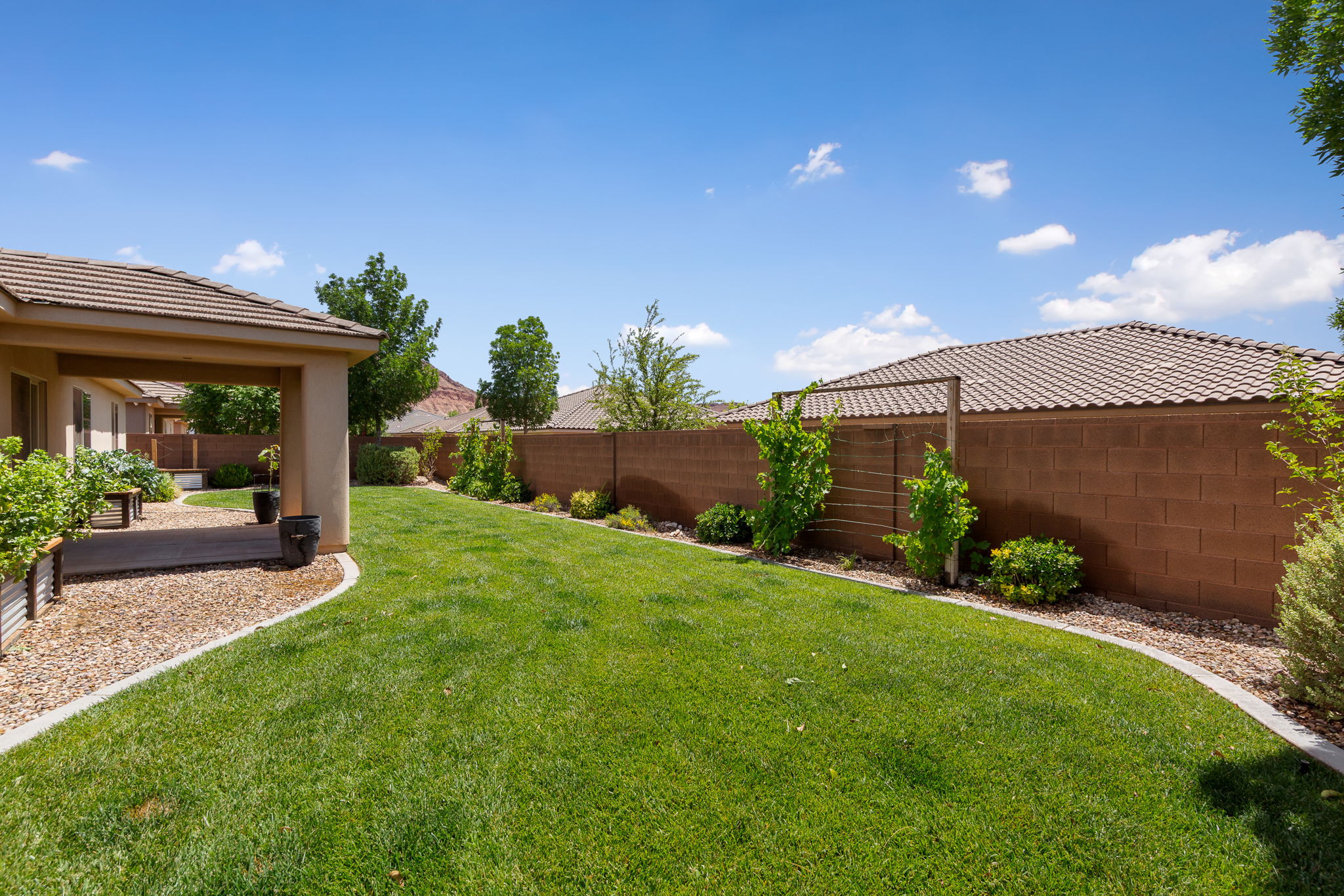 Expansive backyard featuring a covered patio, manicured lawn, and perimeter block wall