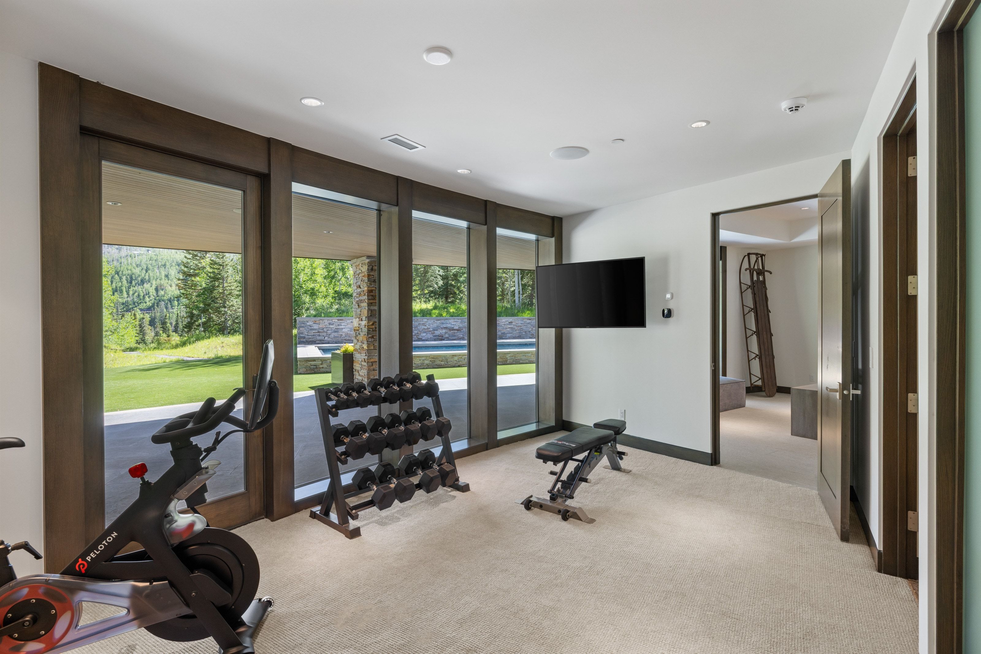 Interior space featuring expansive glass panel doors with dark wood trim, recessed lighting, and light-toned carpeting