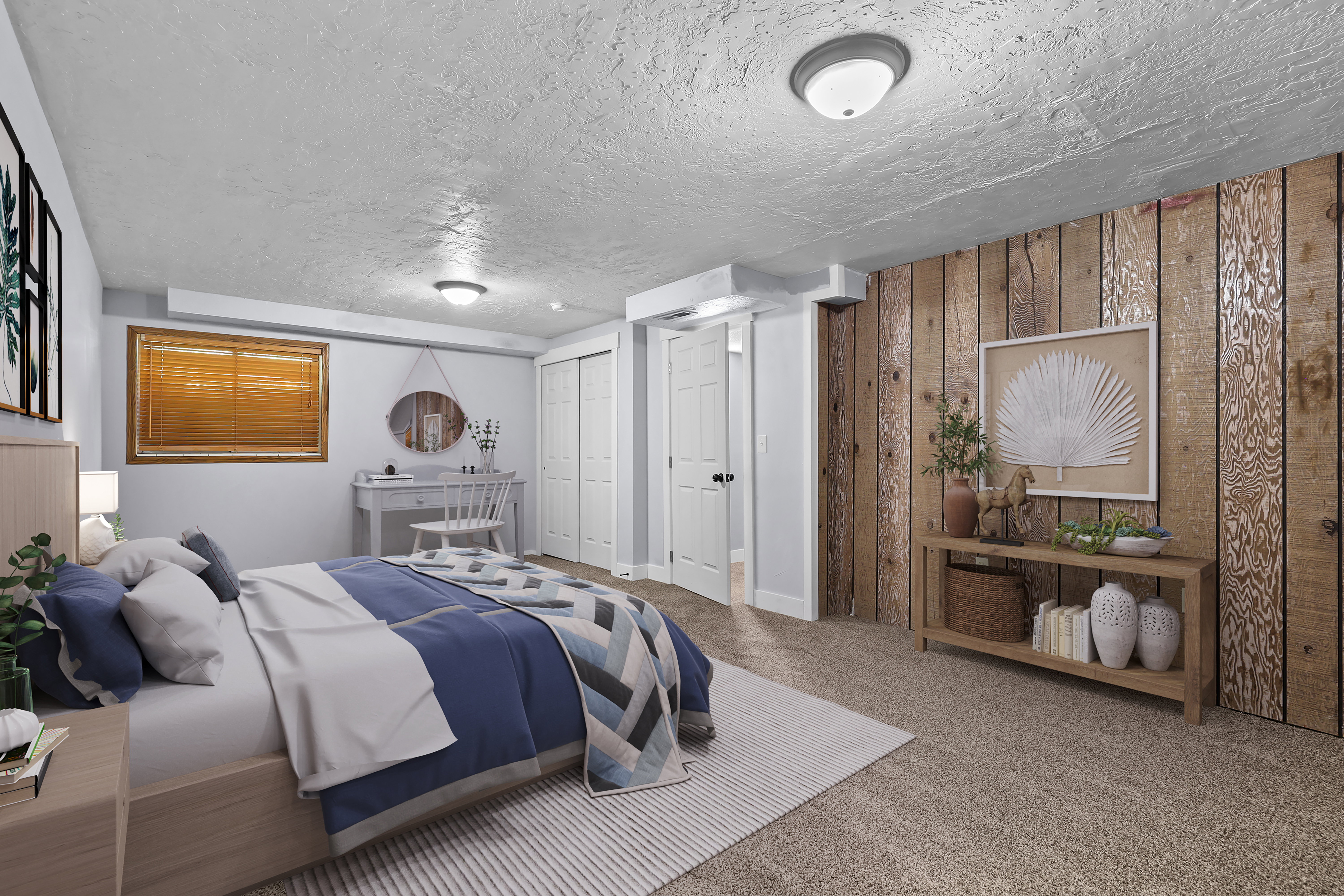 Bedroom featuring a prominent wood-panel accent wall