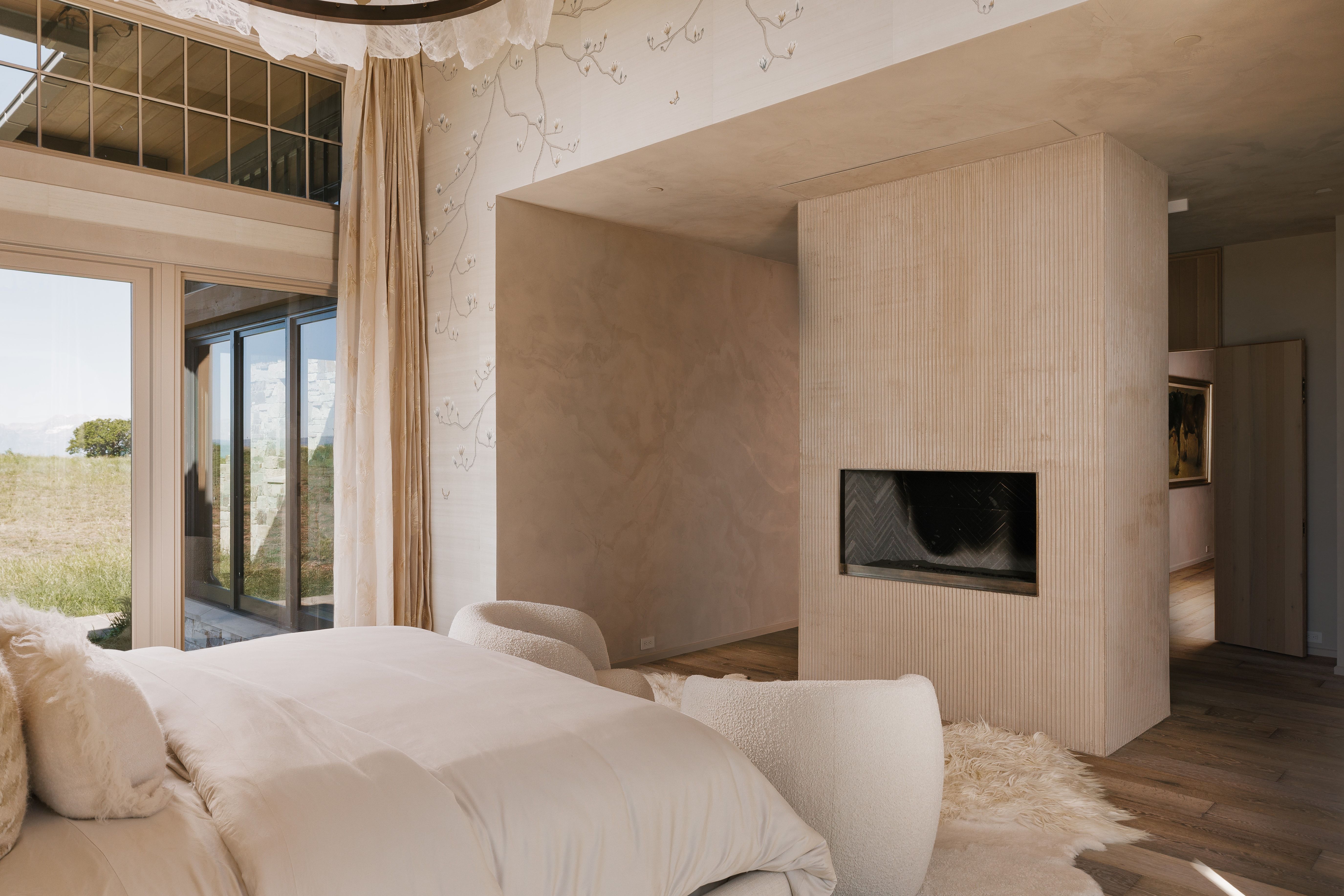Recessed fireplace feature with wood-finish paneling