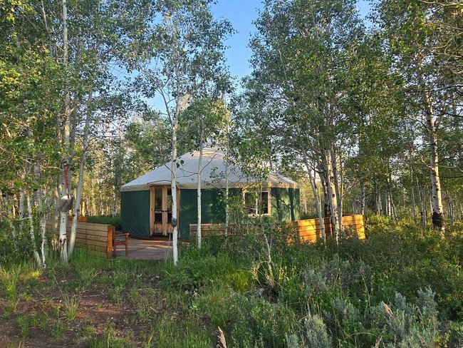 Yurt structure featuring a green exterior and a light-colored roof