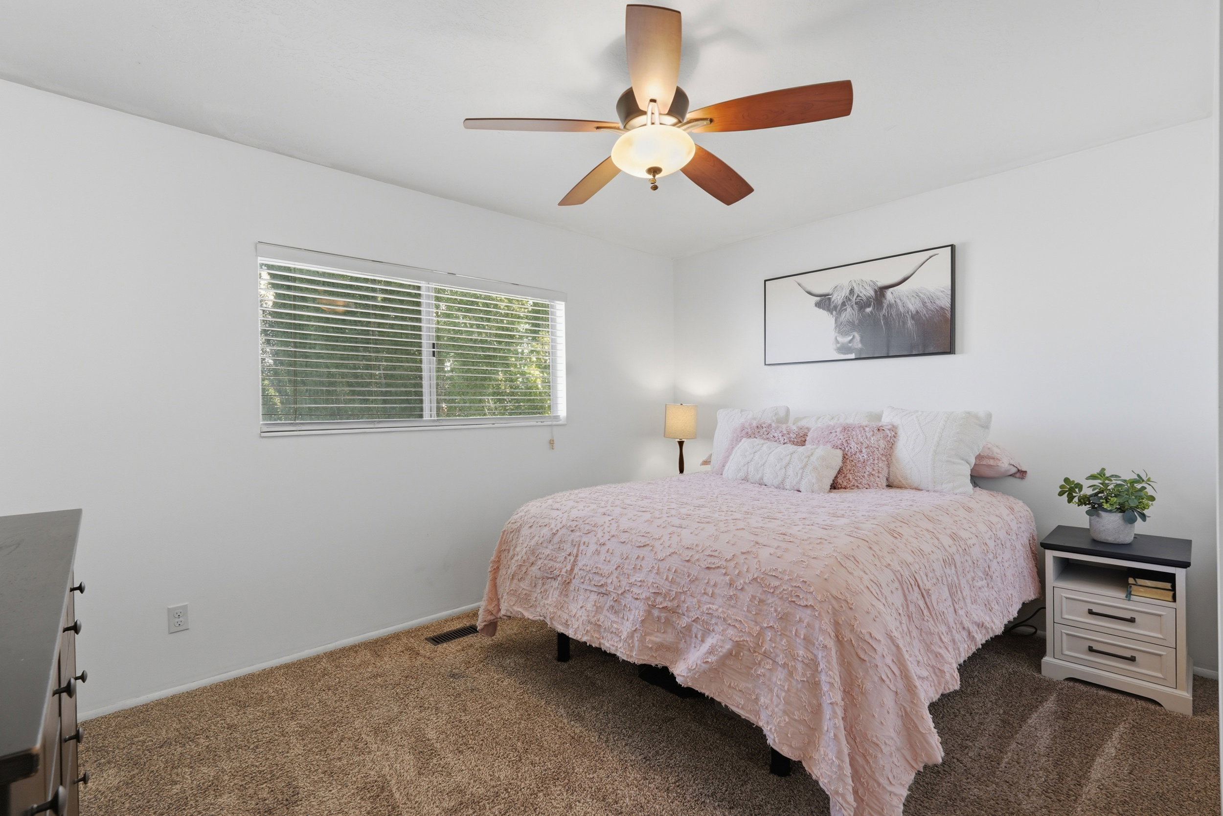 Carpeted room featuring a ceiling fan with light fixture, a window with horizontal blinds, and white painted walls