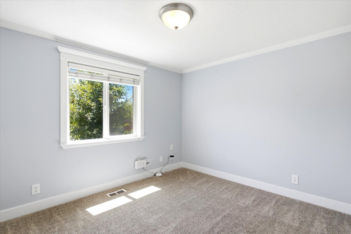 Bright interior room featuring a large window with white trim, light gray walls, plush carpet flooring, and a flush mount ceiling light