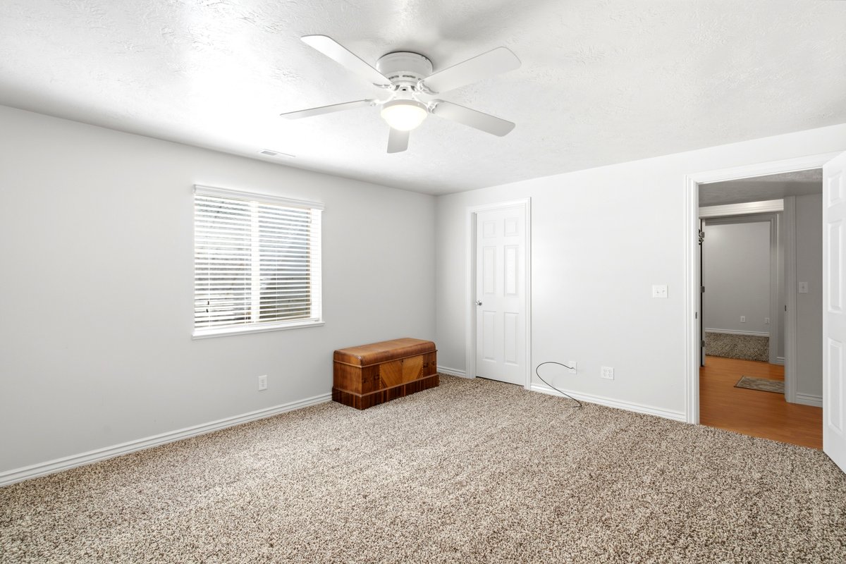 Carpeted room with a white ceiling fan and light fixture