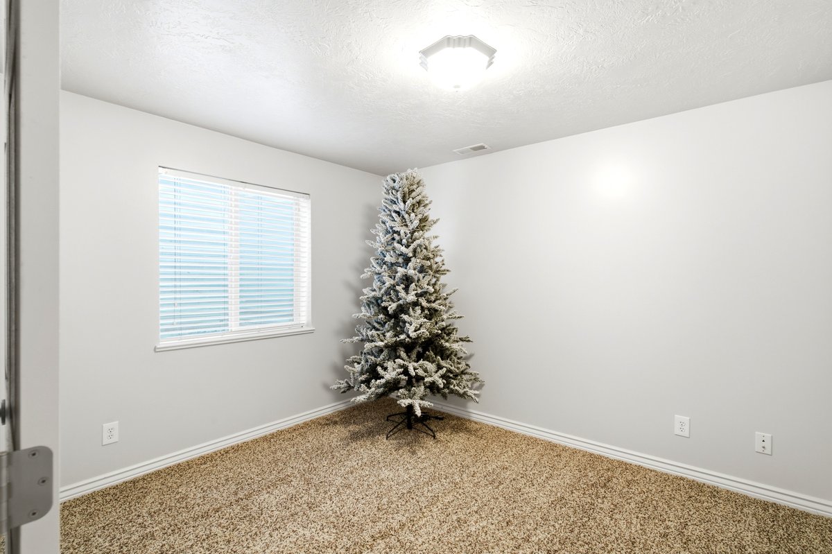 Carpeted room featuring a white-framed window with blinds, light gray walls, white baseboards, and an overhead flush-mount light fixture
