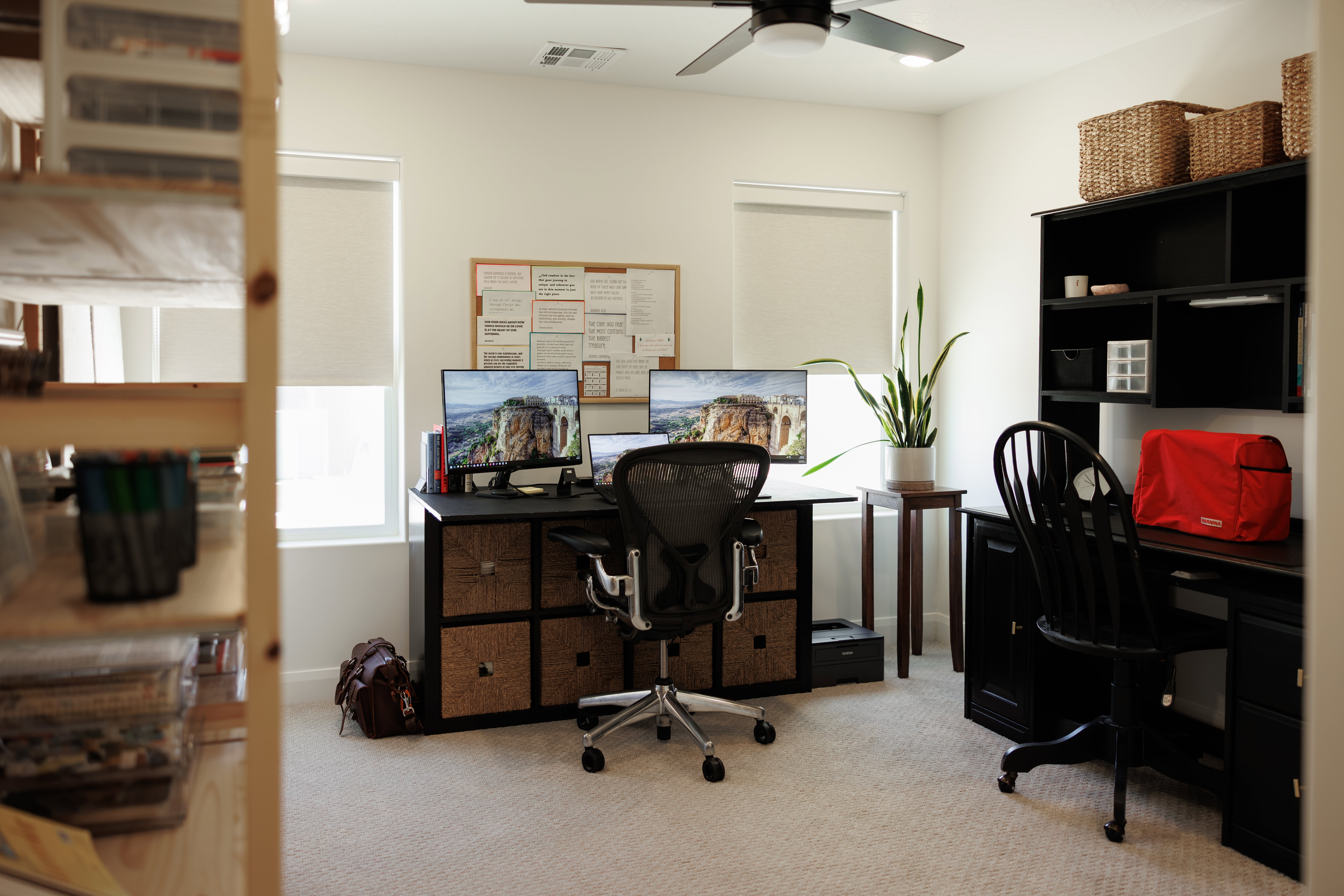 Bright interior room featuring a ceiling fan, light-colored carpeting, two windows with roller shades, and built-in shelving