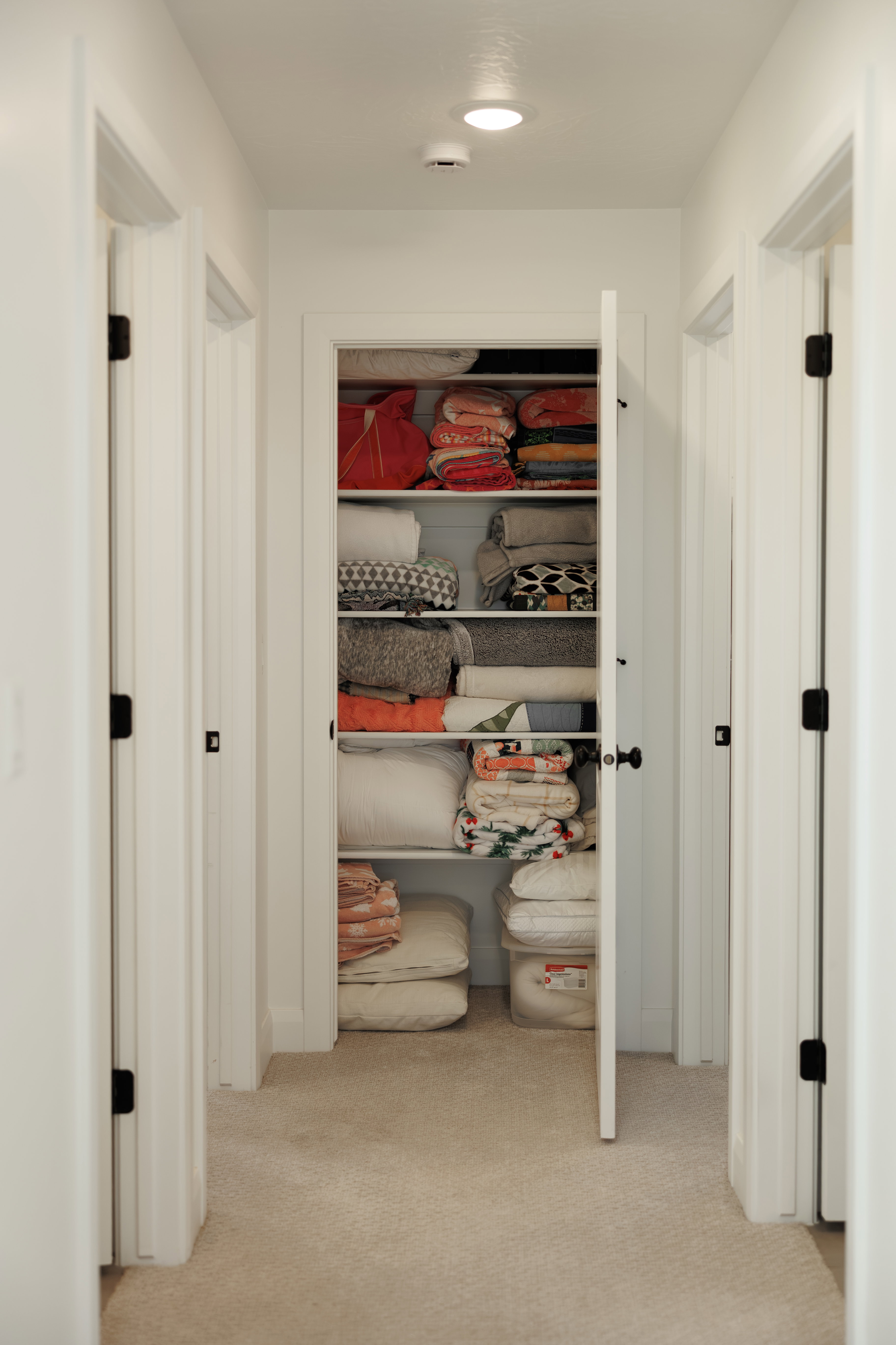 Hallway featuring neutral carpet flooring and recessed lighting