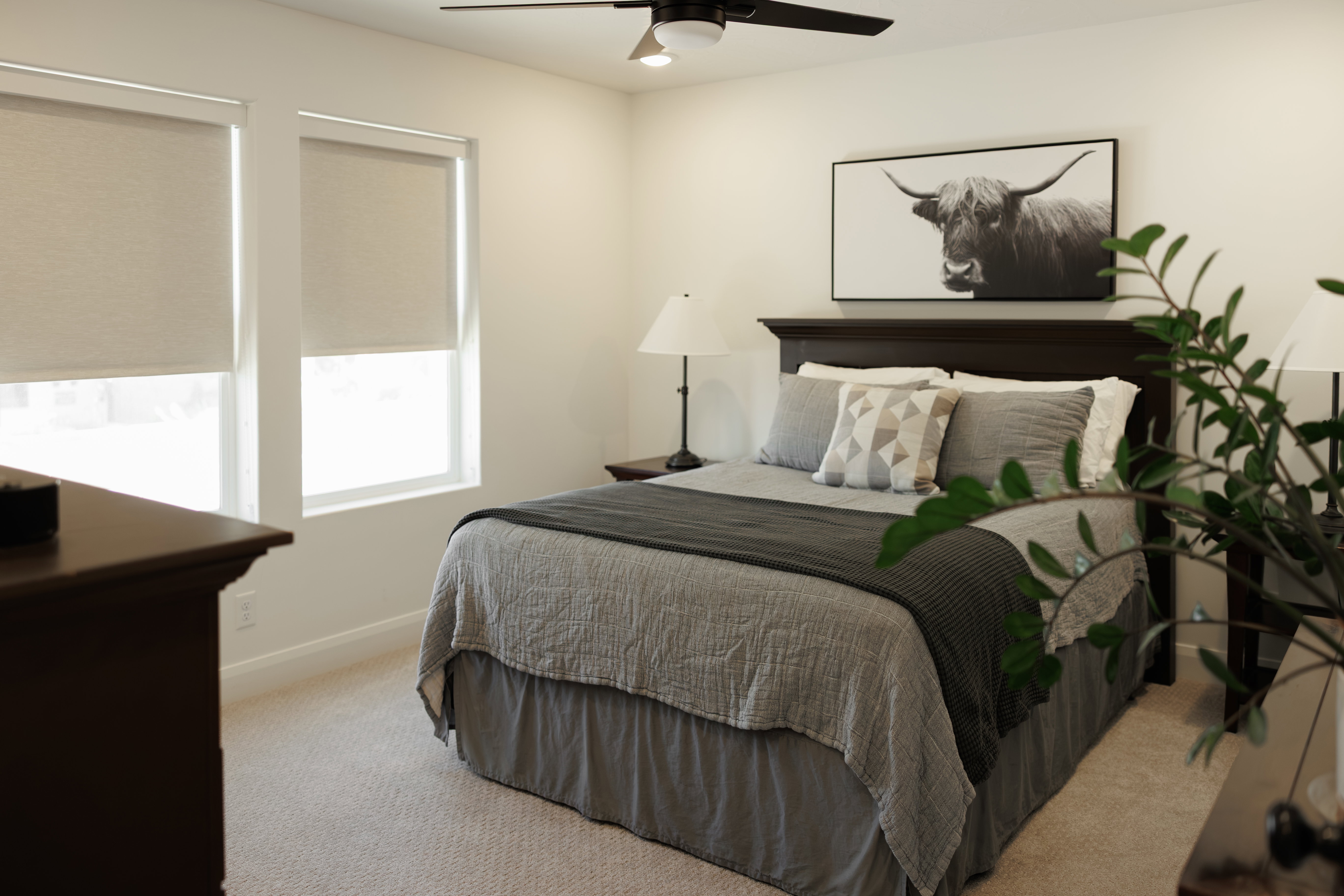 Bedroom featuring a dark wood headboard, two windows with roller shades, a ceiling fan with integrated lighting, and neutral carpeting