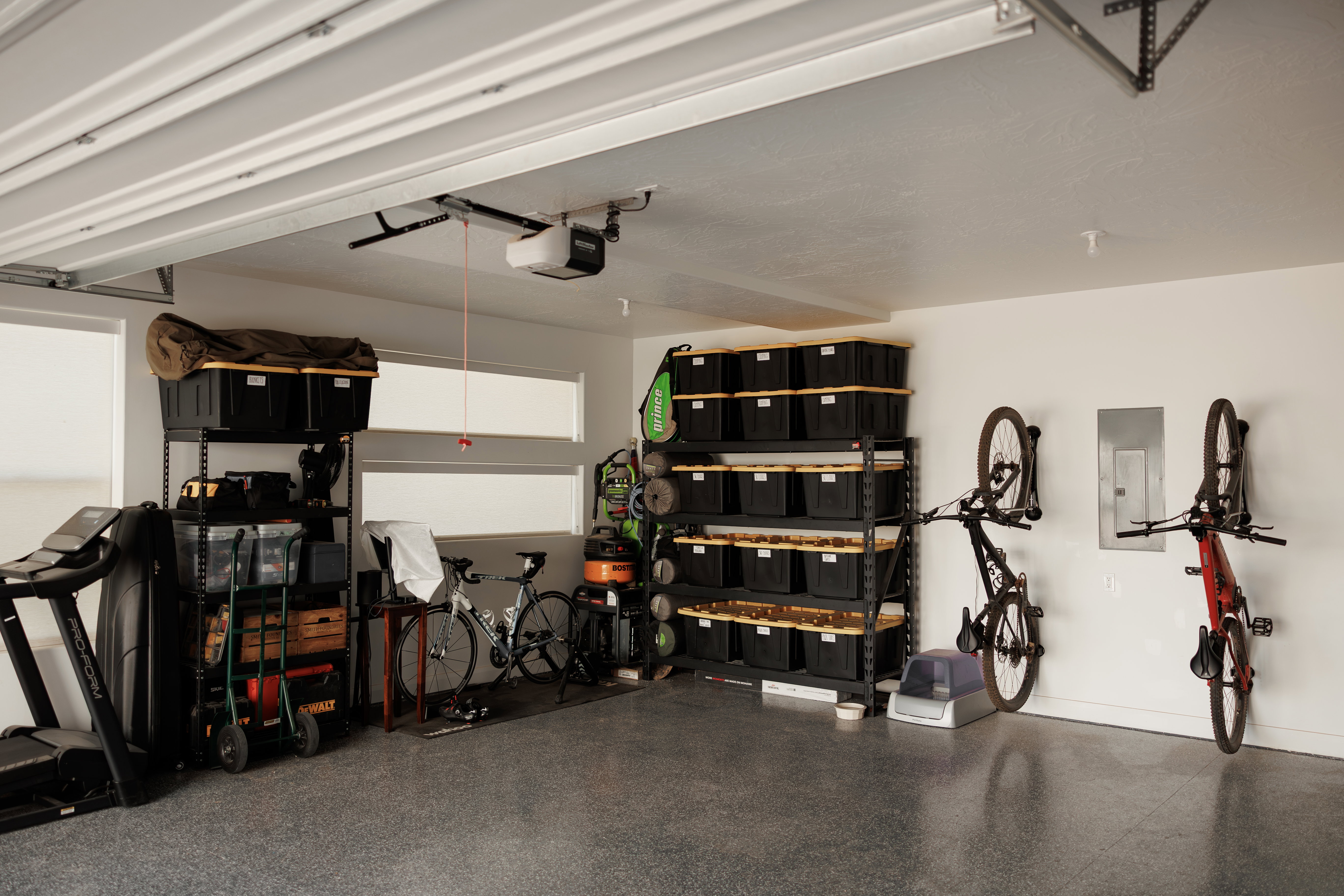 Spacious garage featuring a durable epoxy floor, multiple transom windows, an automatic garage door opener, and extensive built-in shelving for organized storage