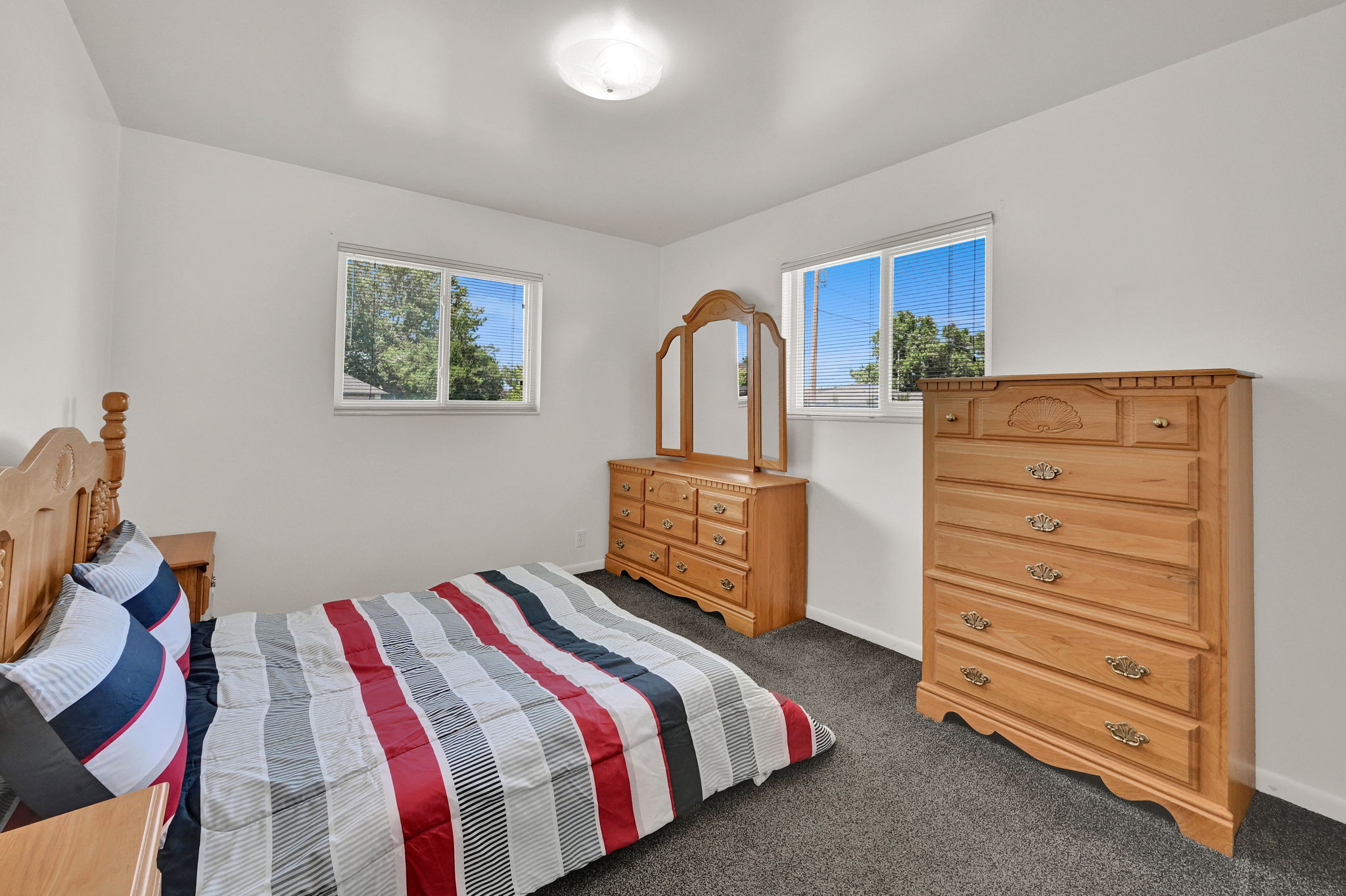 Bright room featuring two windows with white trim, dark carpeting, and a flush-mount ceiling light fixture
