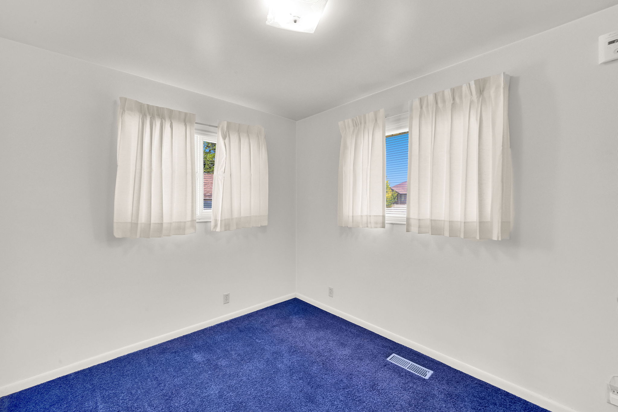 Bright room featuring two windows with privacy curtains, blue carpet flooring, and white baseboards