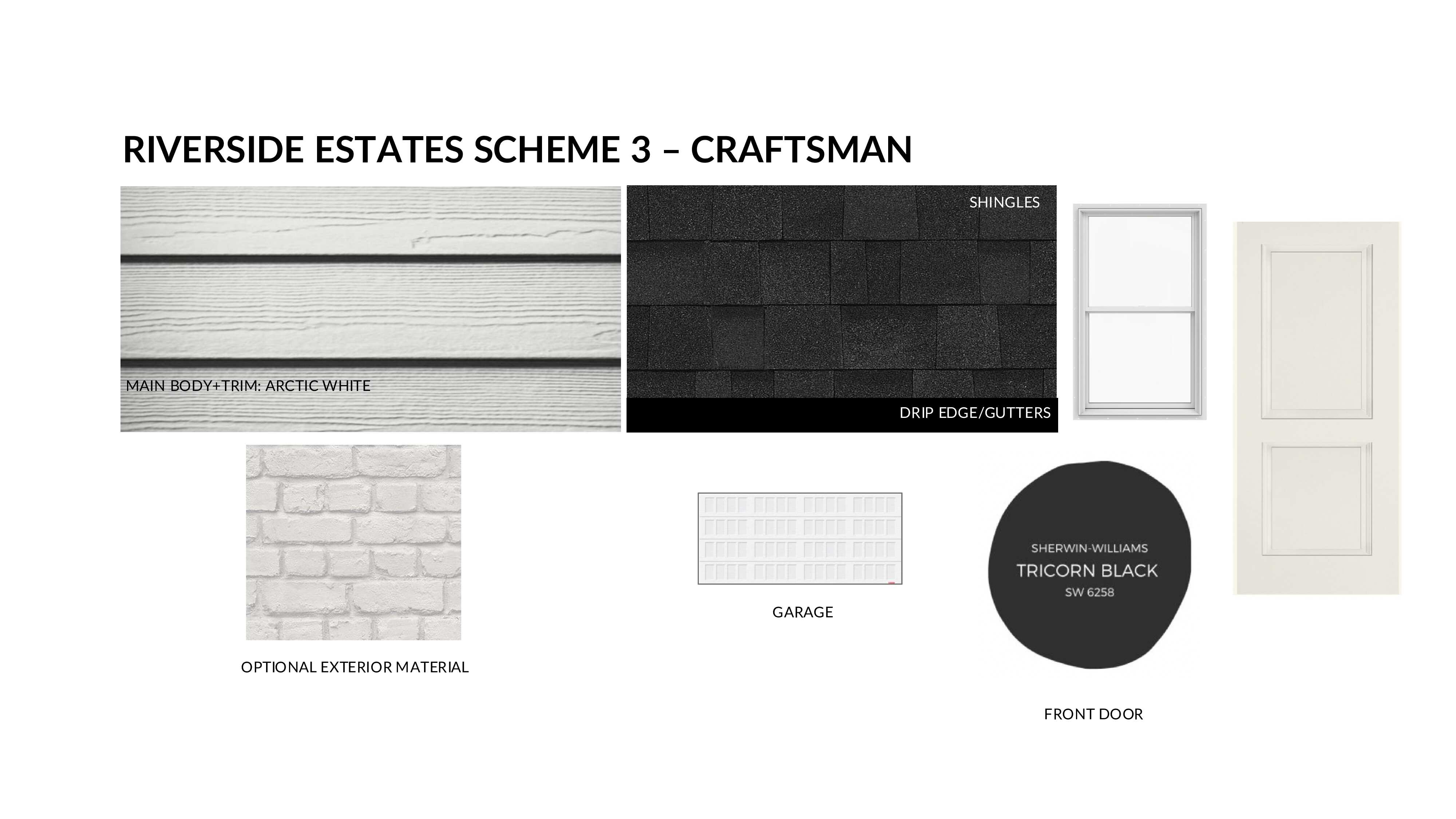 Architectural Scheme Specifications. Detailing exterior material and color selections for the property