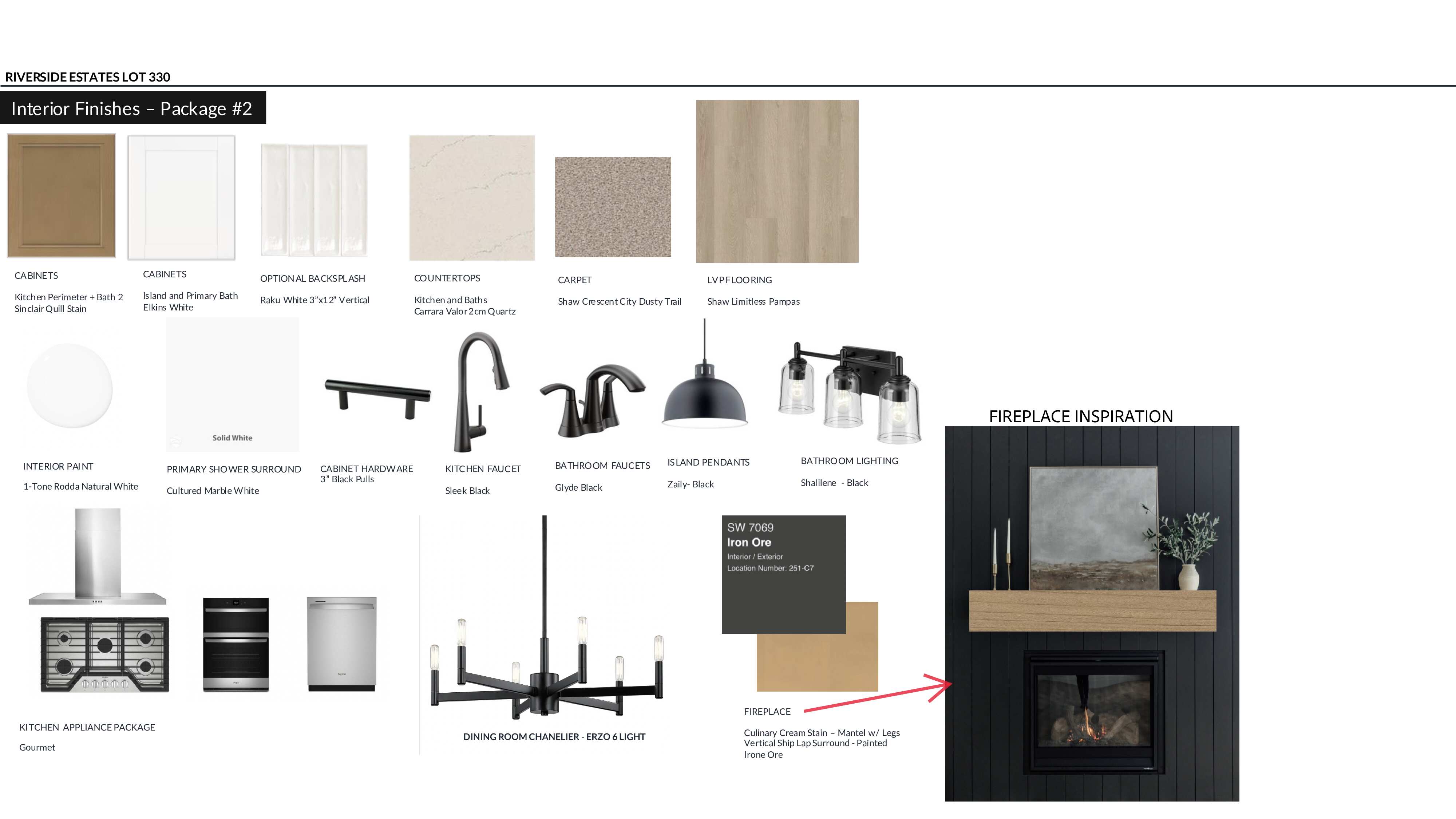 Interior Finishes Selection. Presenting material and fixture selections for the property's interior, including finishes, appliances, and lighting