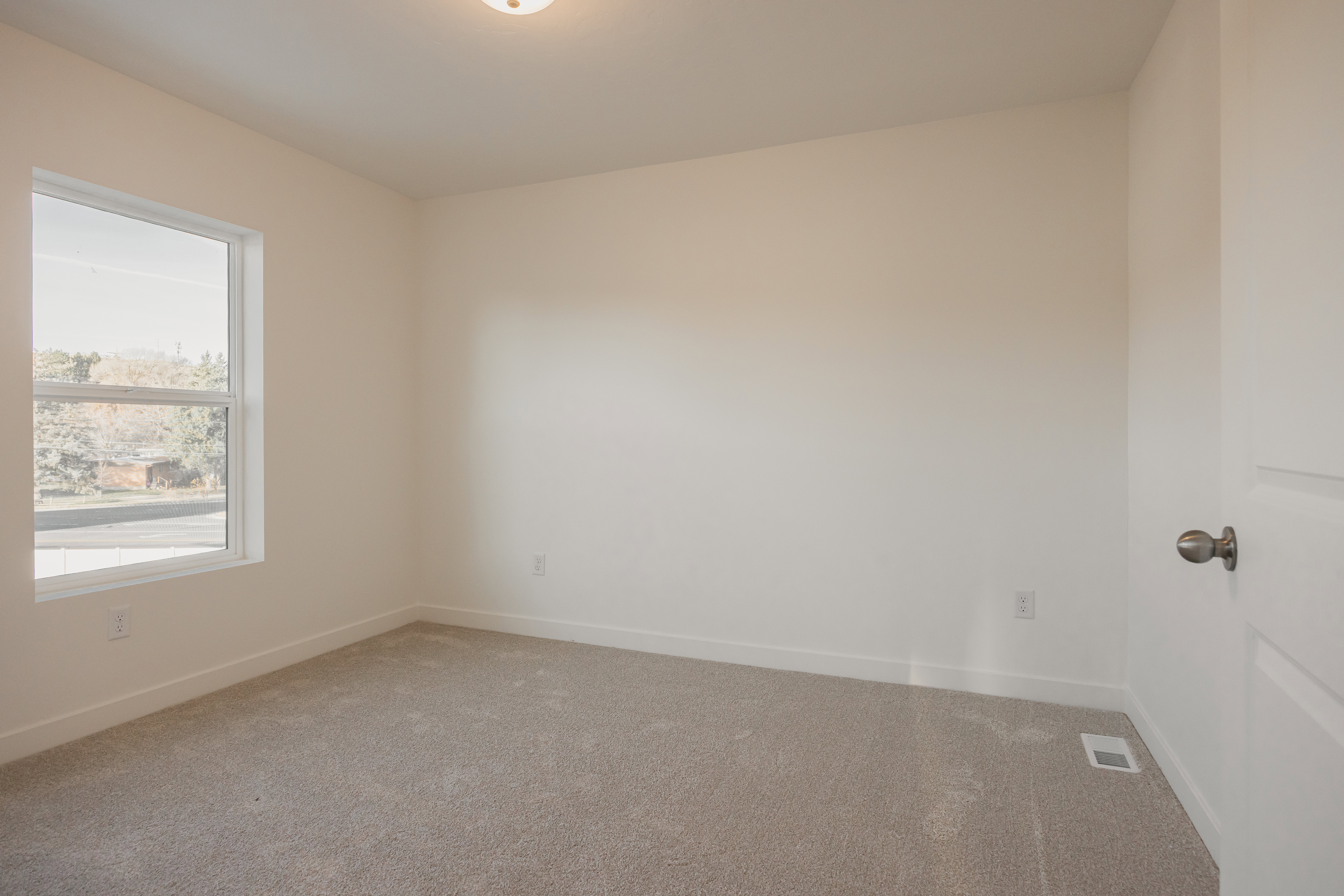 Carpeted room with a double-pane window, neutral wall paint, and white trim molding