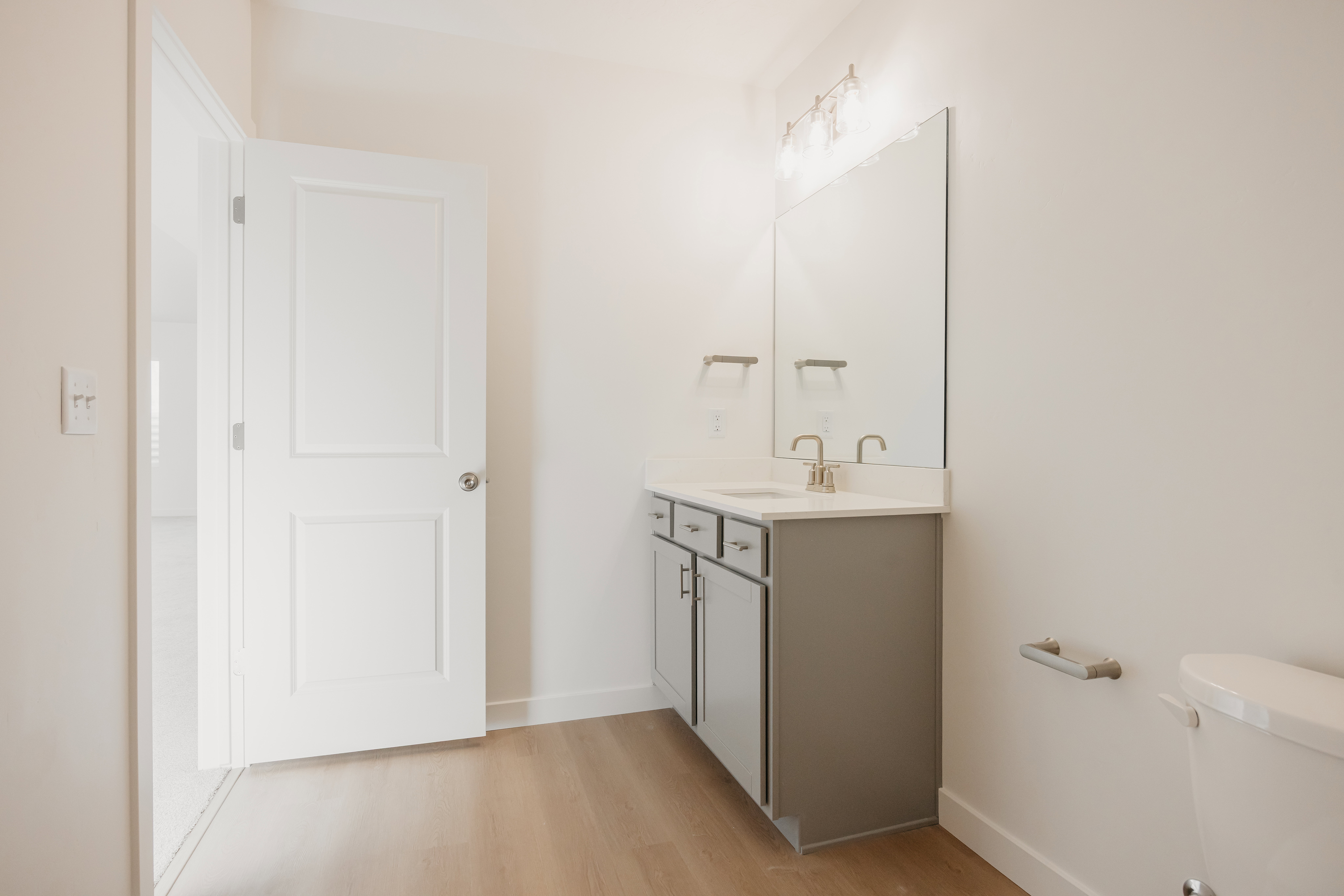Bathroom featuring a gray vanity with an undermount sink, a large mirror, and wood-finish flooring
