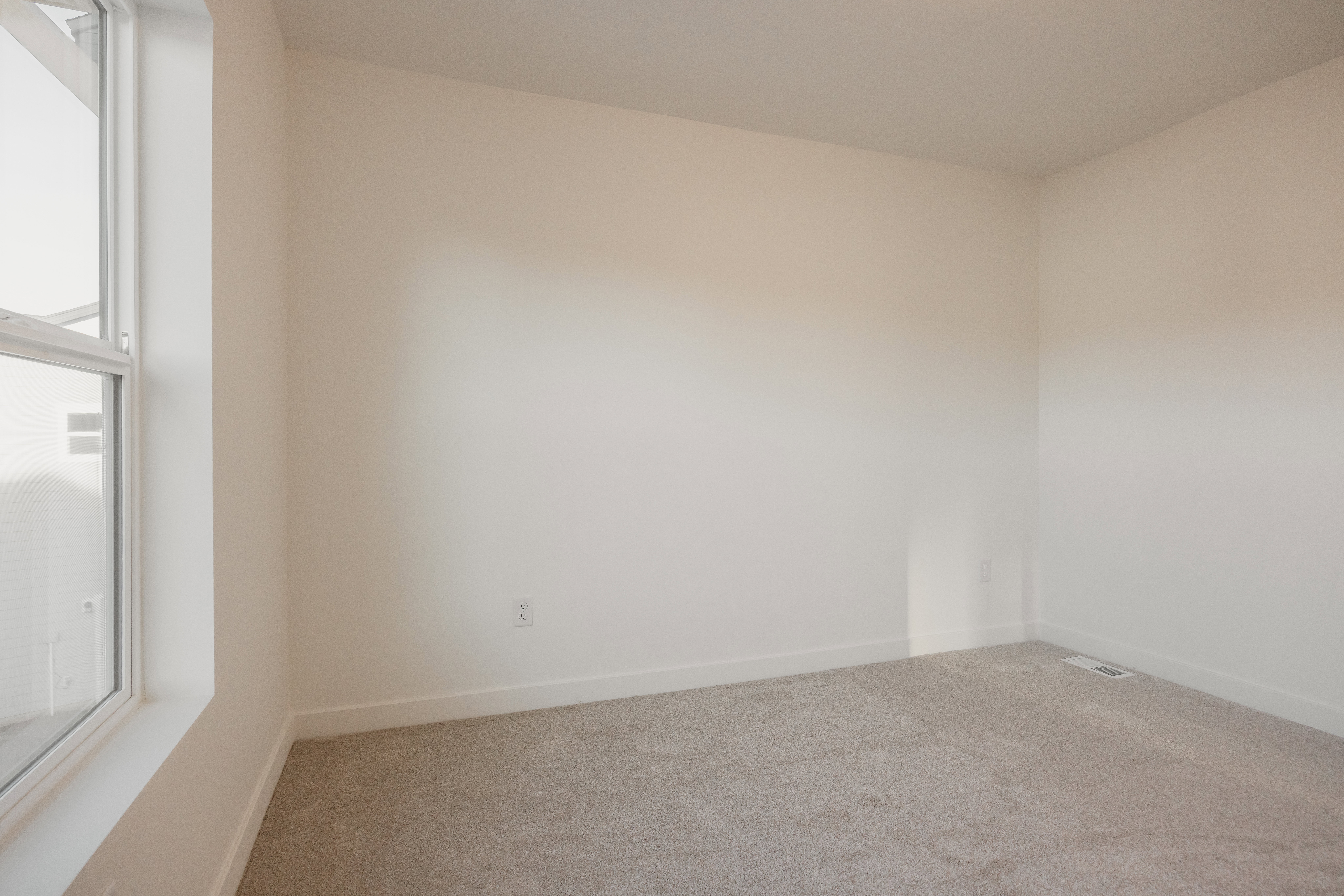 Neutral-toned carpeting paired with white walls, baseboards, and window trim