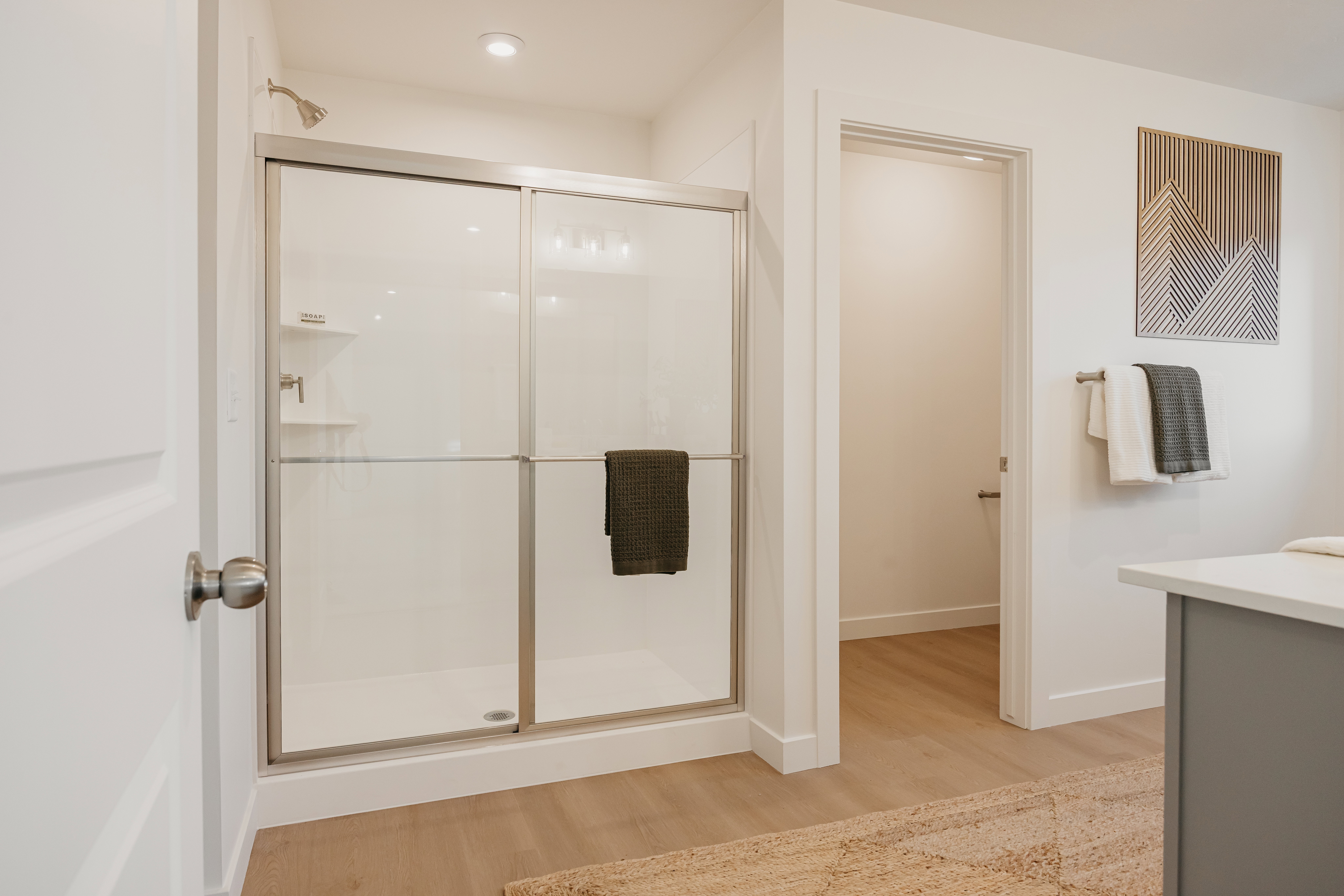 Bathroom featuring a glass-enclosed shower with silver-toned fixtures and built-in shelving, wood-finish flooring, and a vanity with a light-toned countertop