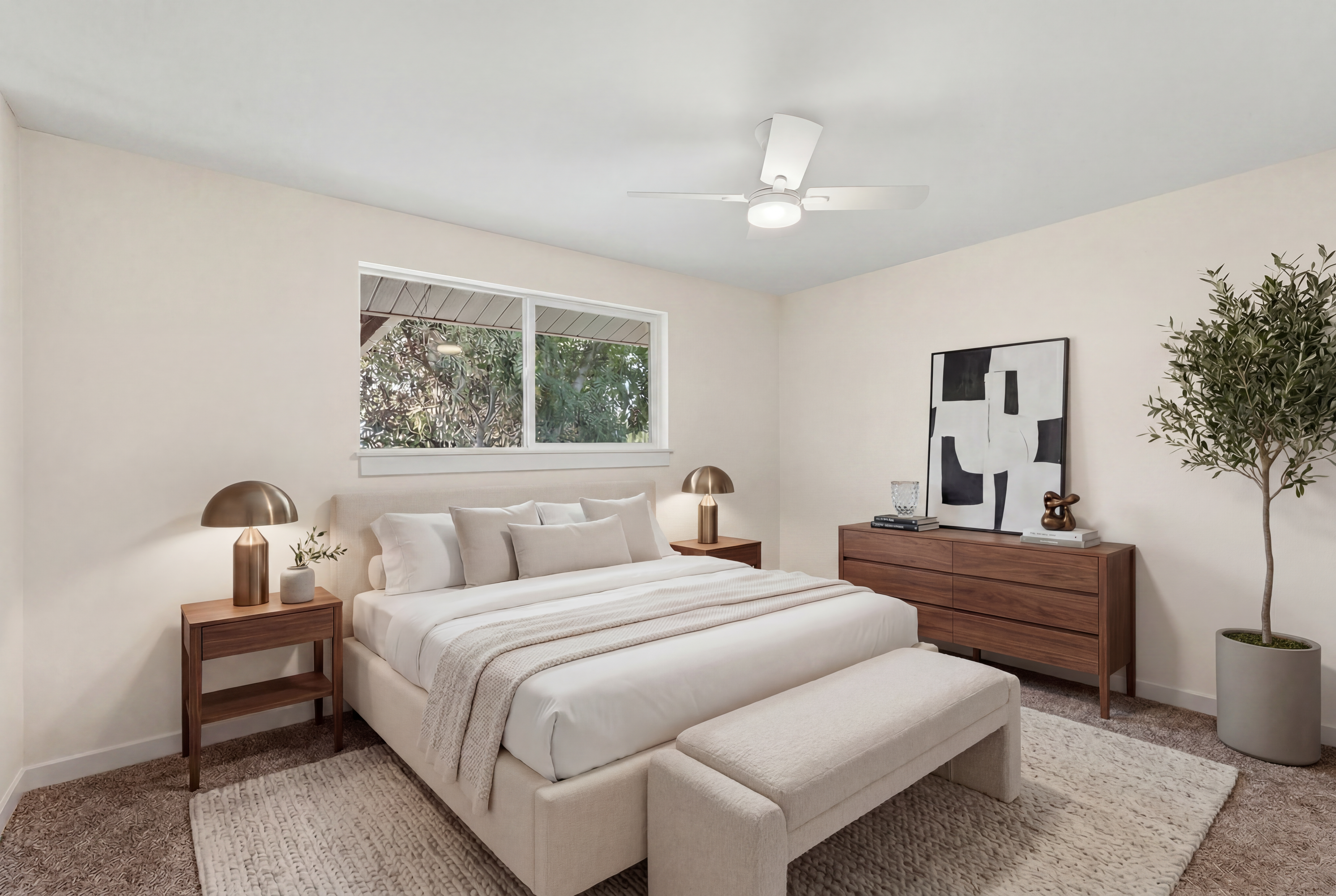 Bedroom featuring a dual-pane window, flush-mount ceiling fan, light-toned walls, and carpet flooring. Virtually Staged