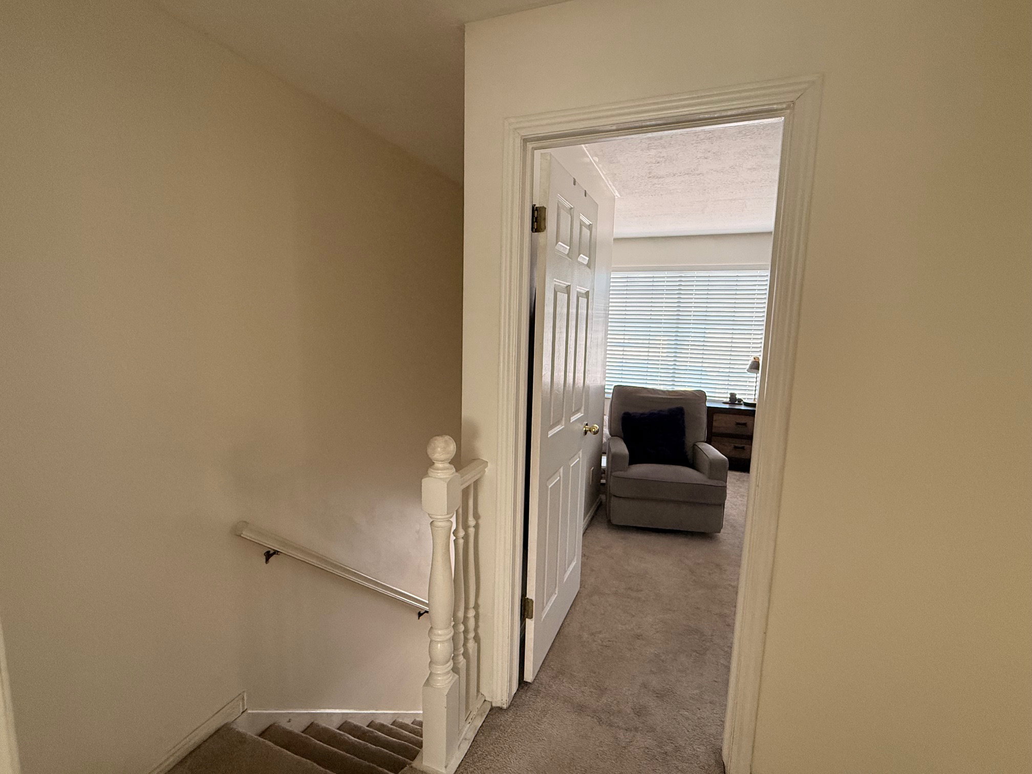 Carpeted stairs featuring a white painted handrail and balusters, leading down from a carpeted landing