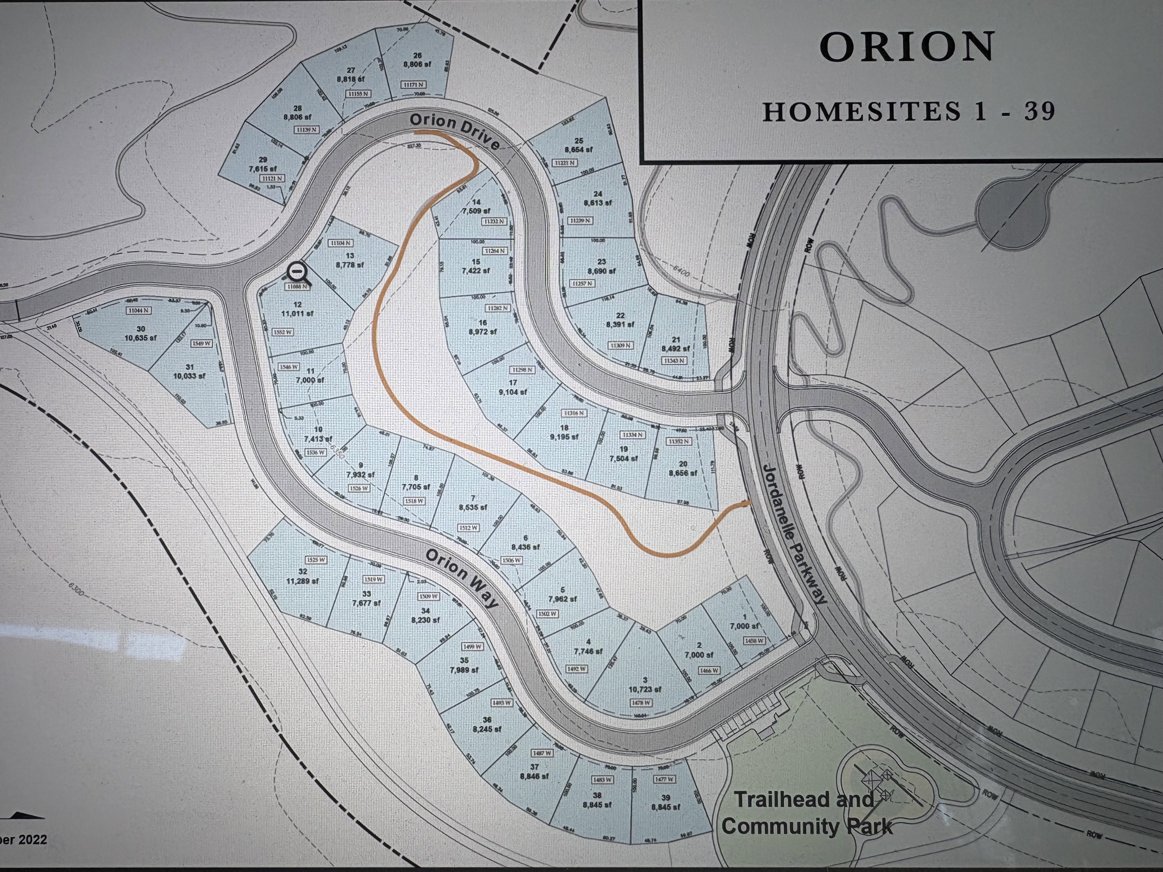Plat Map. Illustrating the layout of homesites 1-39 within the Orion development, including roadways and a community park