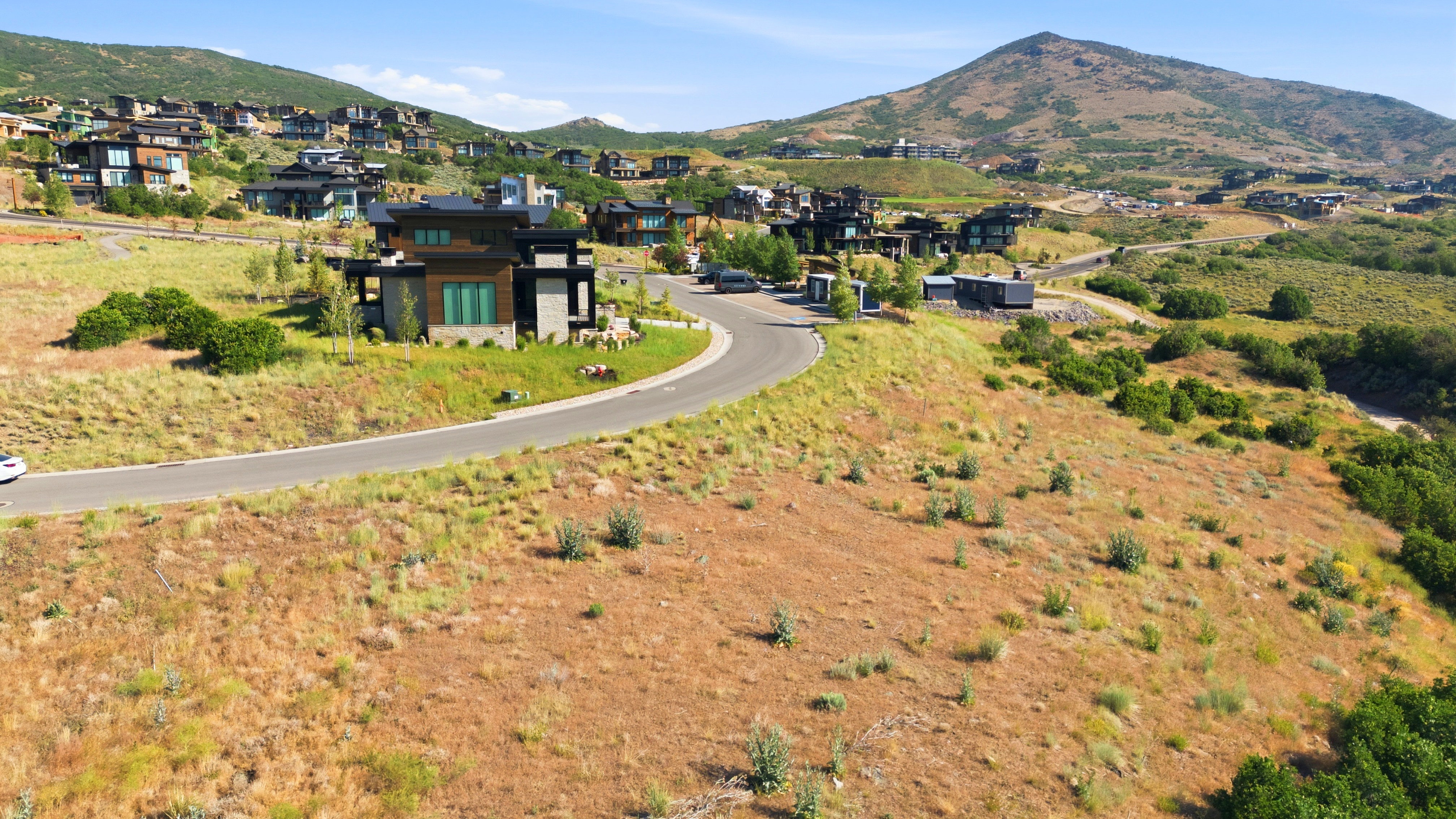 Contemporary architectural design featuring a dark wood-finish exterior, stone accents, large windows, and a curved paved driveway