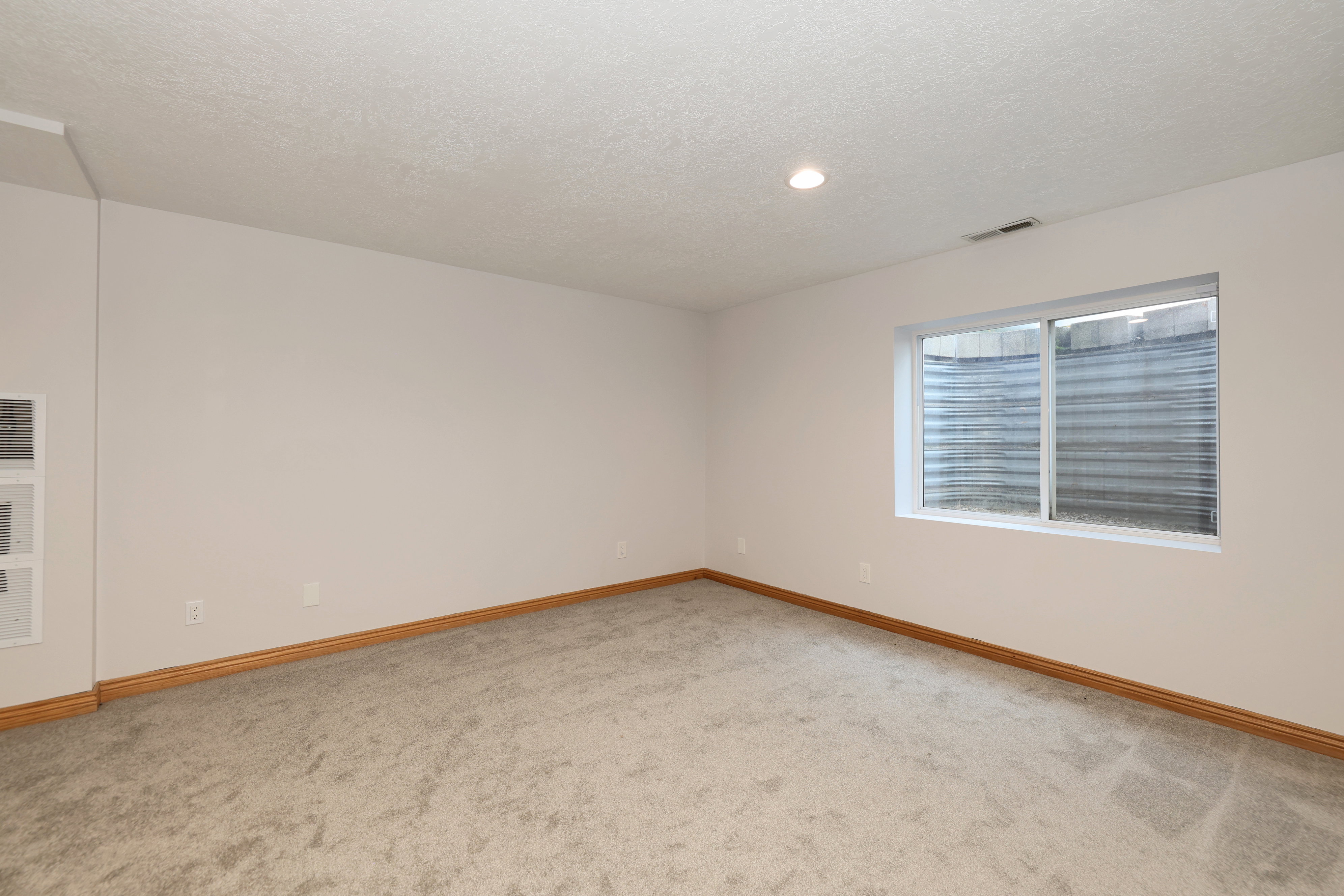 Bright interior space featuring light-toned walls, neutral carpet, and wood-finish baseboards