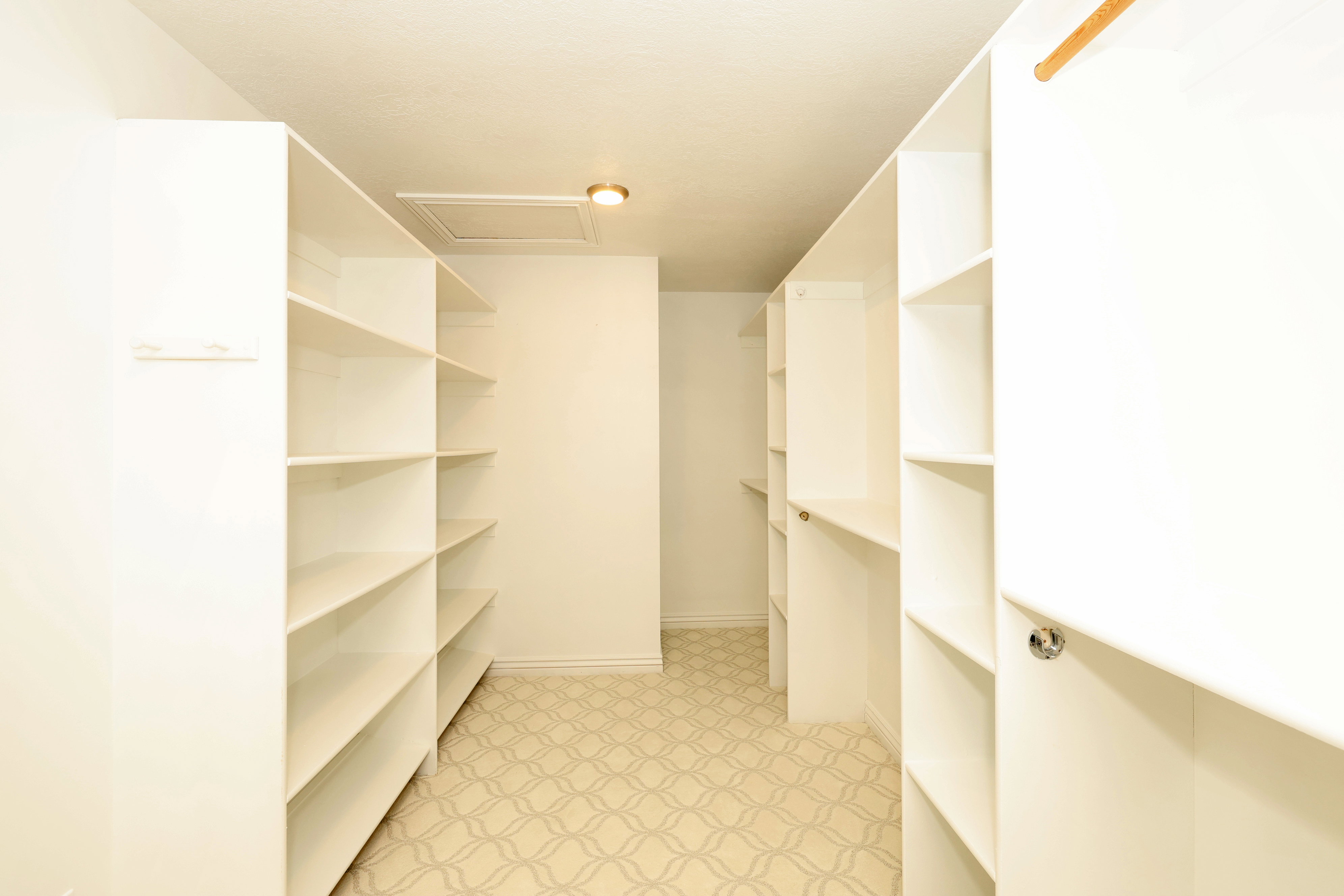 Spacious walk-in closet featuring extensive built-in shelving, a natural wood-finish hanging rod, and patterned carpet flooring