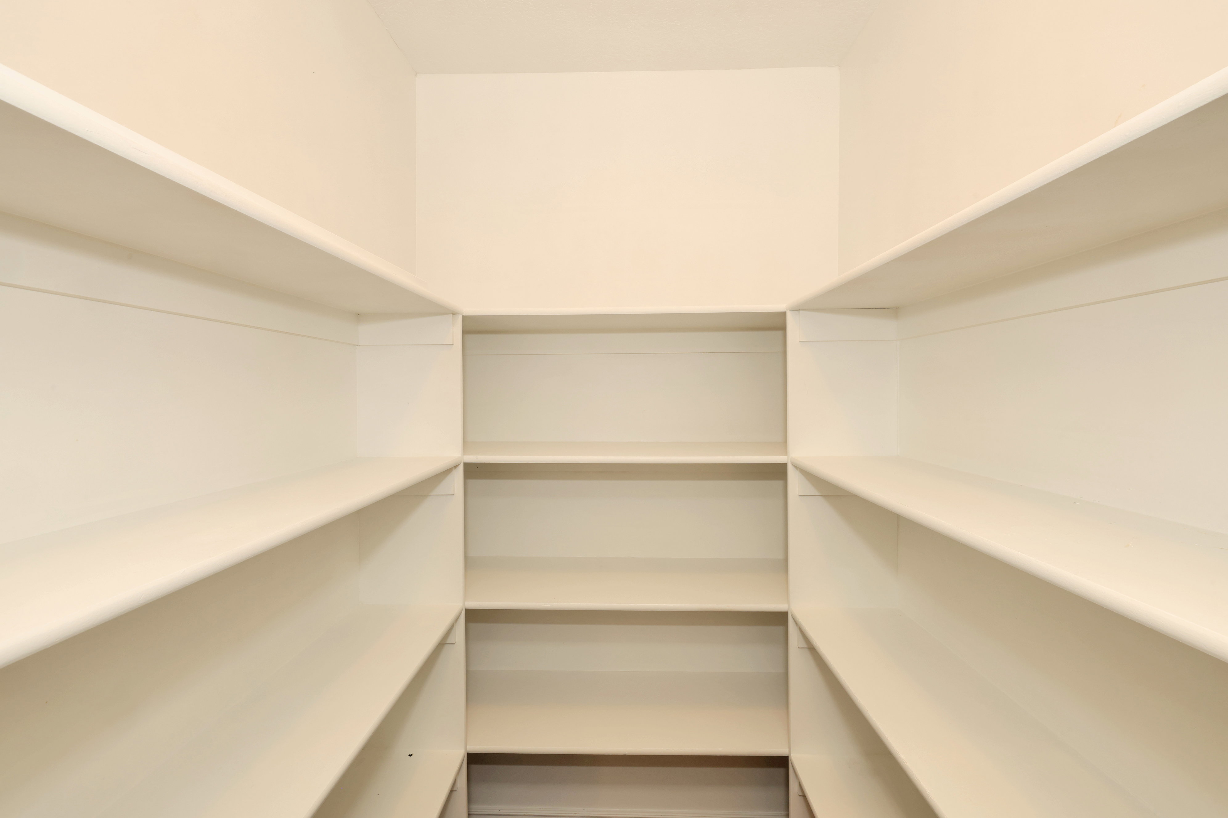 Walk-in pantry featuring extensive built-in shelving, providing ample storage capacity