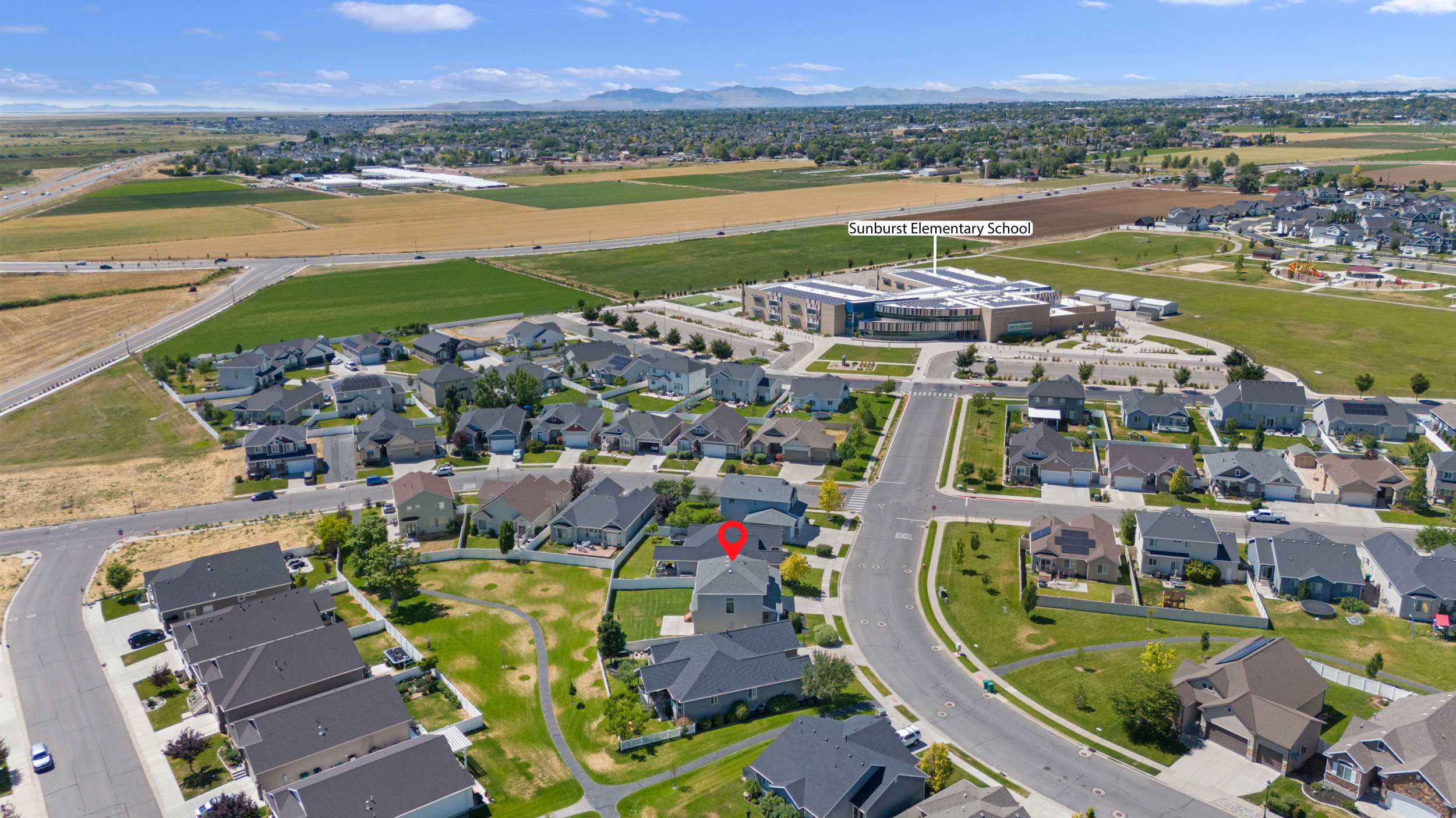 Aerial perspective showcasing a residential development with varied architectural styles
