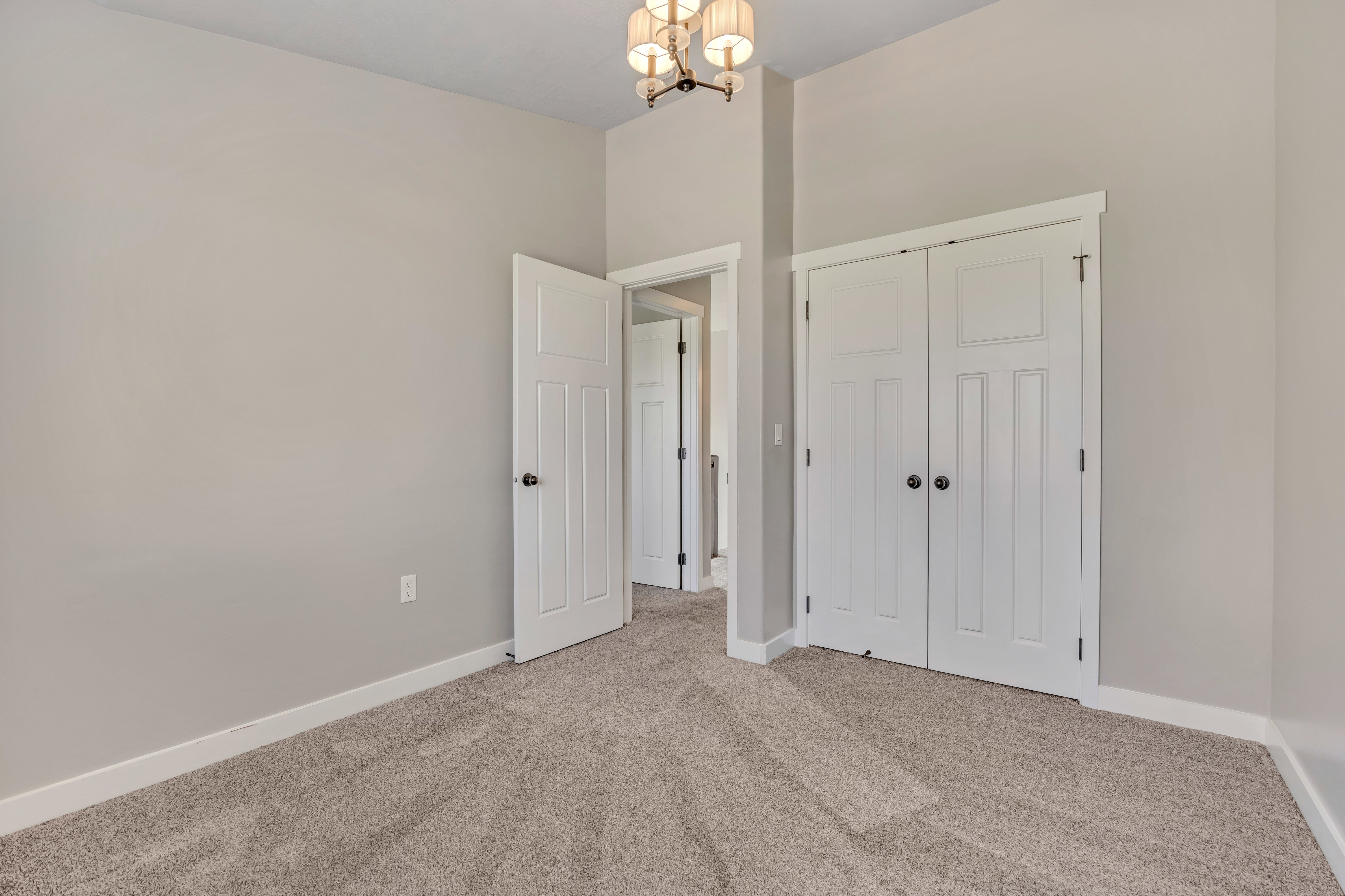 Interior room featuring light gray walls, plush carpet flooring, white baseboards, and a white craftsman-style door