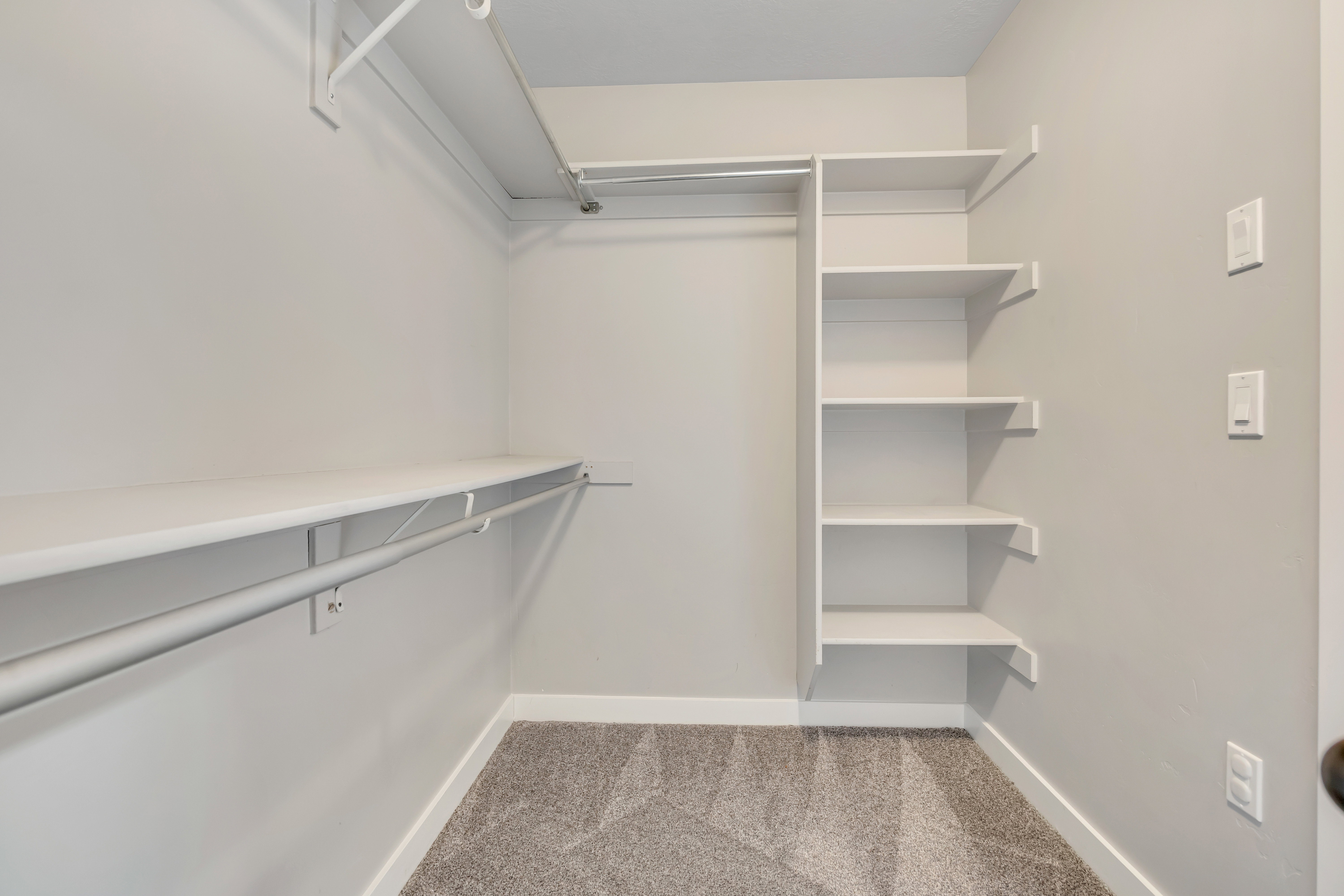 Walk-in closet with white shelving, multiple hanging rods, and grey carpet flooring