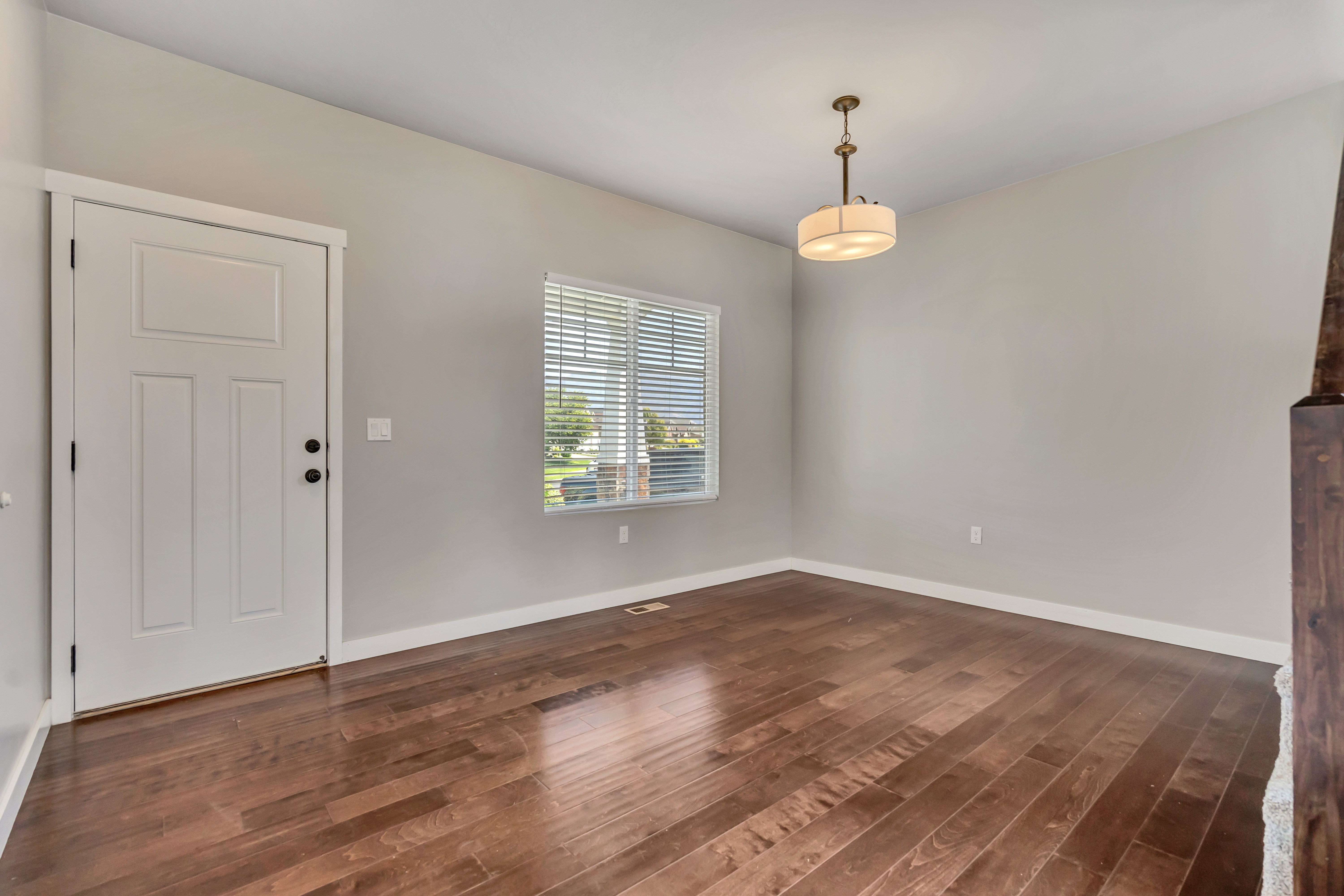 Entry foyer featuring wood-finish flooring, a white paneled door, a single window with blinds, a drum-style ceiling fixture, and light gray walls