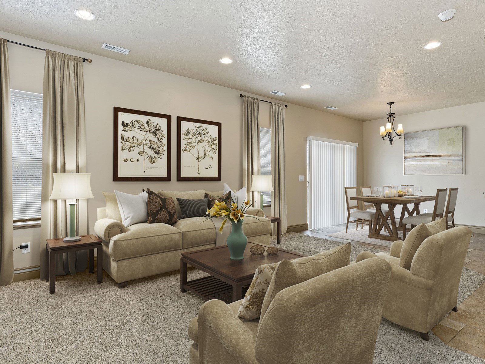 Open-concept living area featuring recessed lighting