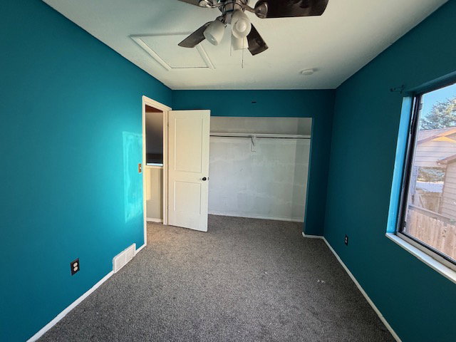 Room with teal painted walls and gray carpet flooring