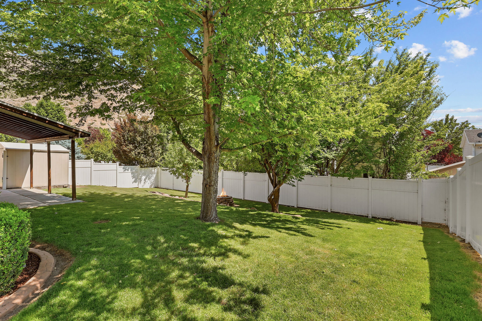 Expansive backyard featuring a green lawn, mature trees, white privacy fencing, and a covered patio area