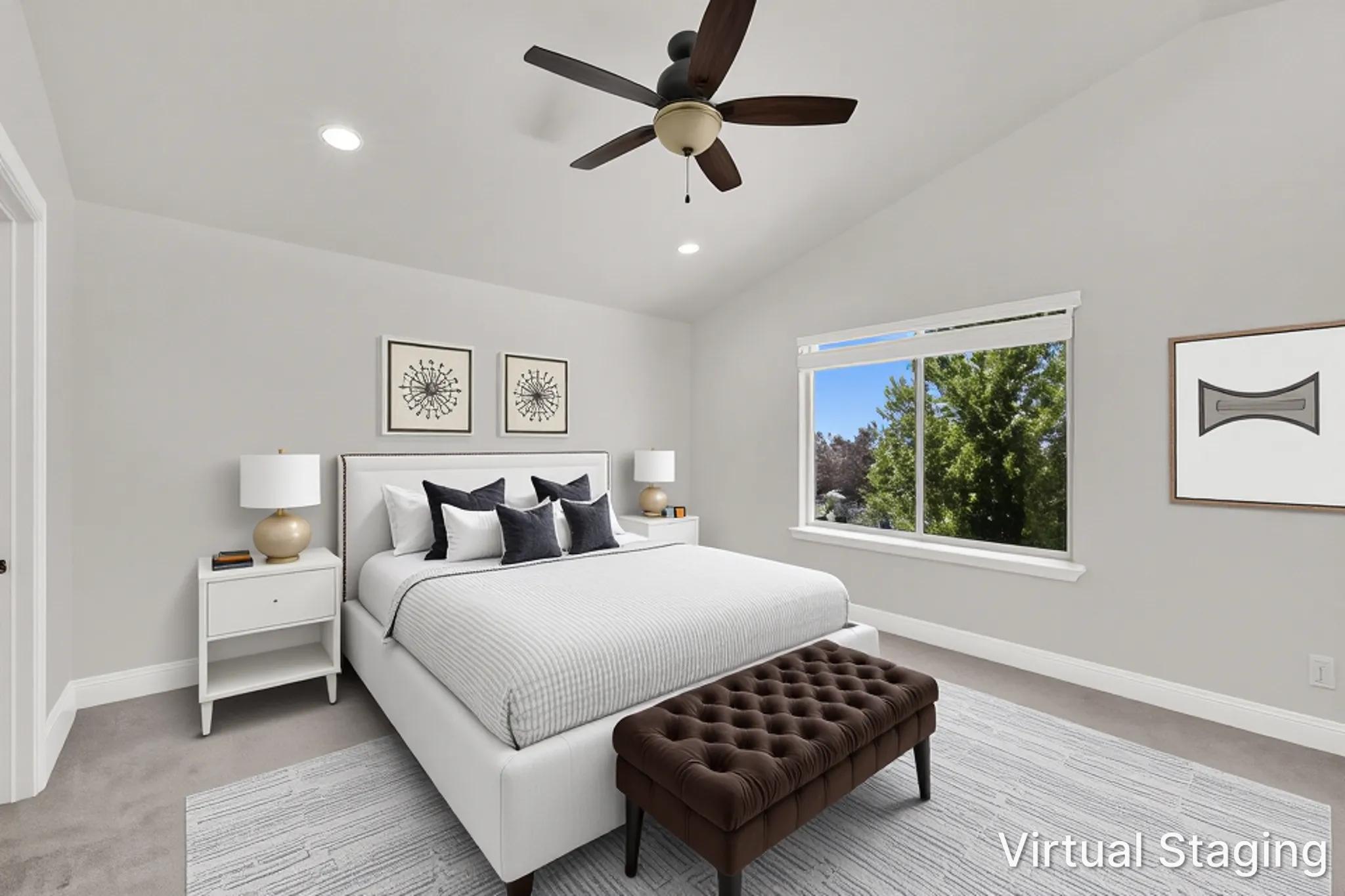 Vaulted ceiling bedroom featuring a ceiling fan with integrated lighting, recessed lighting, and a large window