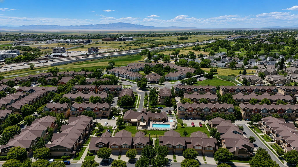 Aerial overview of a residential community featuring townhomes and single-family residences