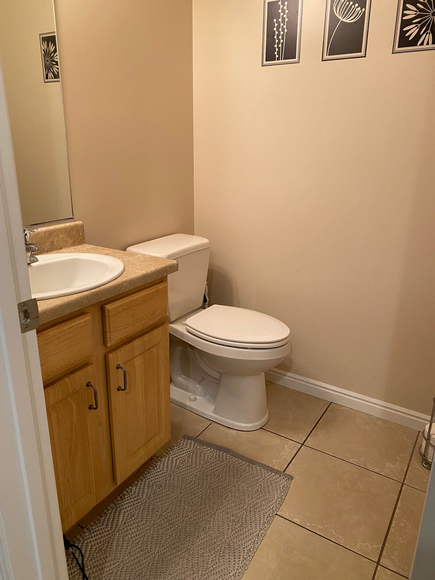 Powder room featuring a single-basin vanity with a wood-finish cabinet and a beige countertop