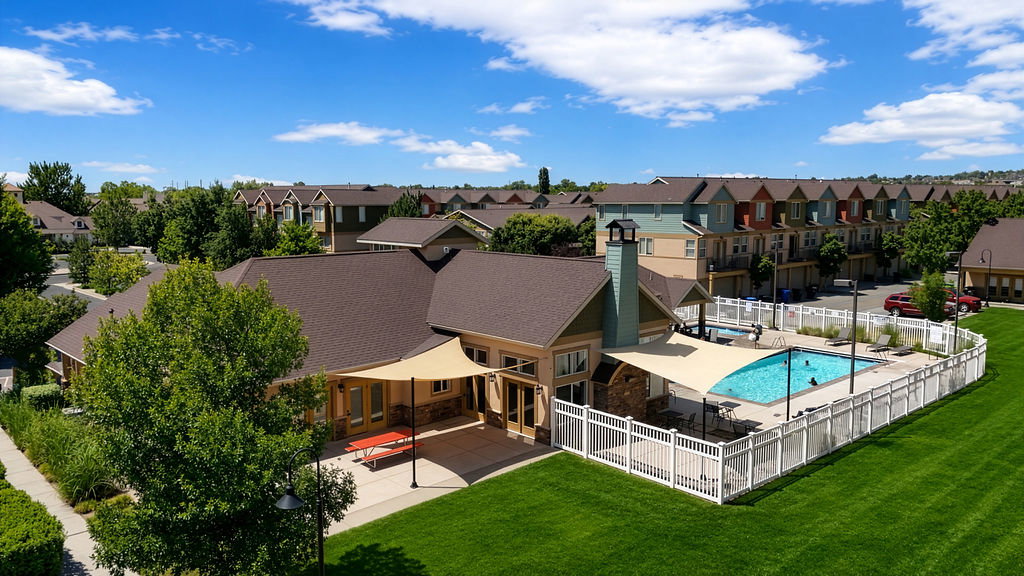 Community clubhouse featuring a swimming pool, shaded patio area, manicured lawns, and surrounding residential structures