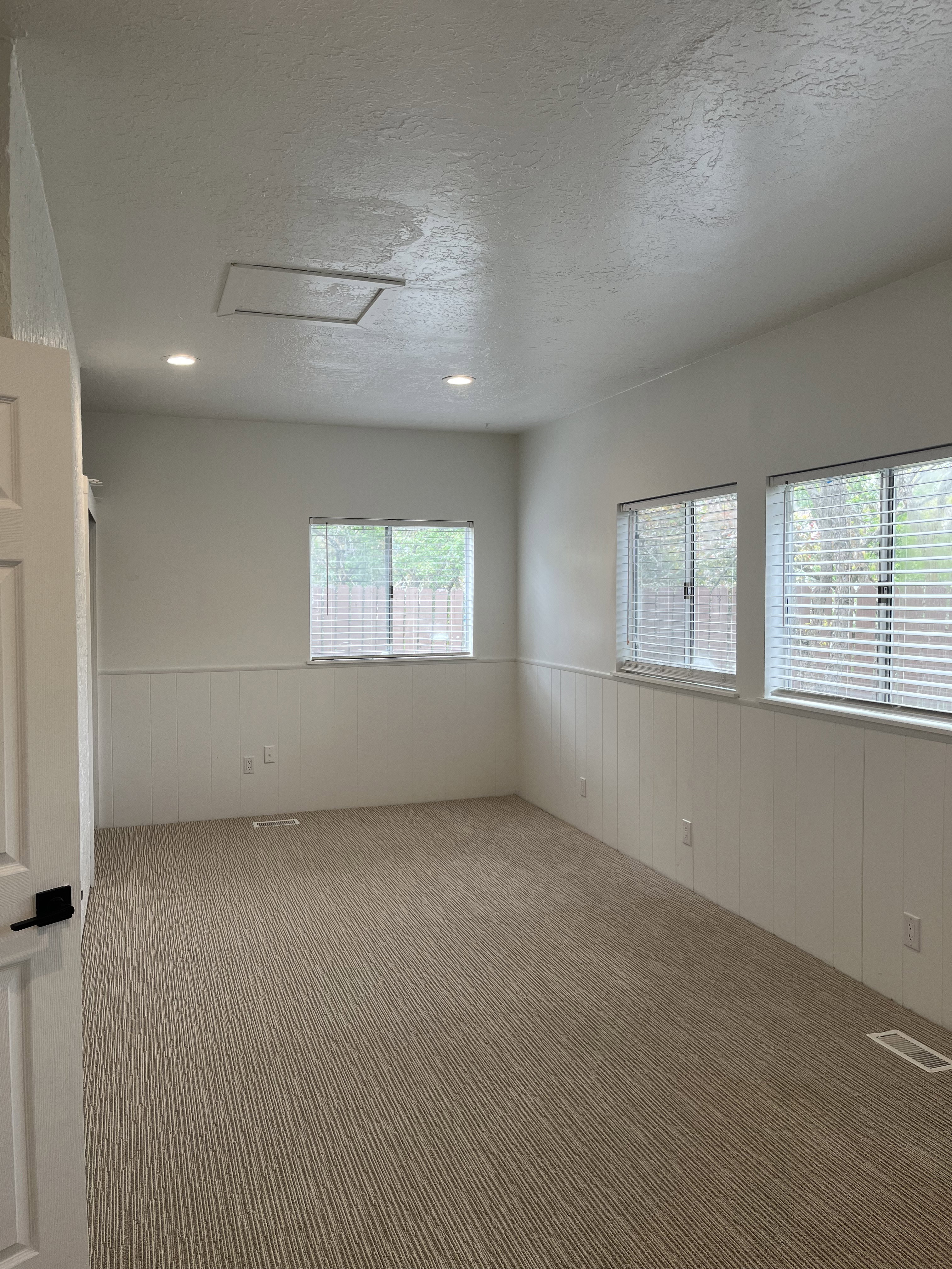 Spacious room featuring textured carpet, wainscoting, recessed lighting, and multiple windows with blinds
