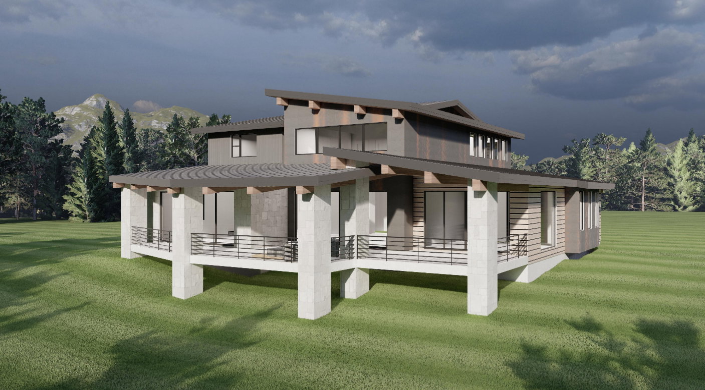 Contemporary multi-level residence featuring expansive windows, prominent concrete columns, and multiple exterior balconies with dark railings