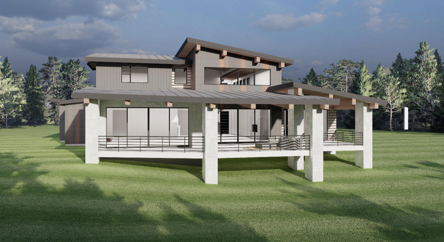 Contemporary architectural design featuring a multi-level structure with a covered deck and prominent support columns