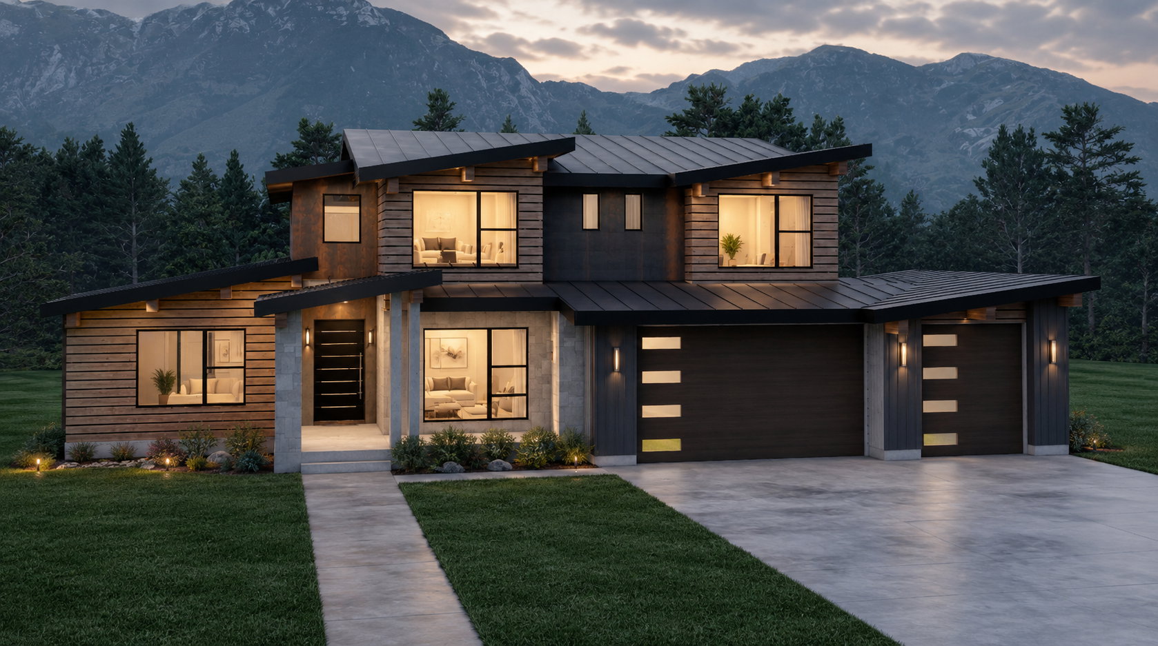 Contemporary multi-level exterior featuring wood siding, concrete accents, and a distinctive sloped roofline