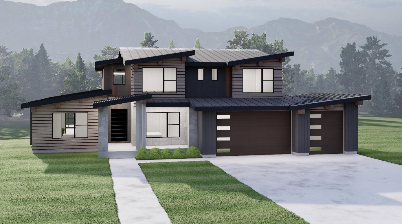 Modern architectural exterior featuring a prominent entryway, two garage bays, and a multi-level roofline