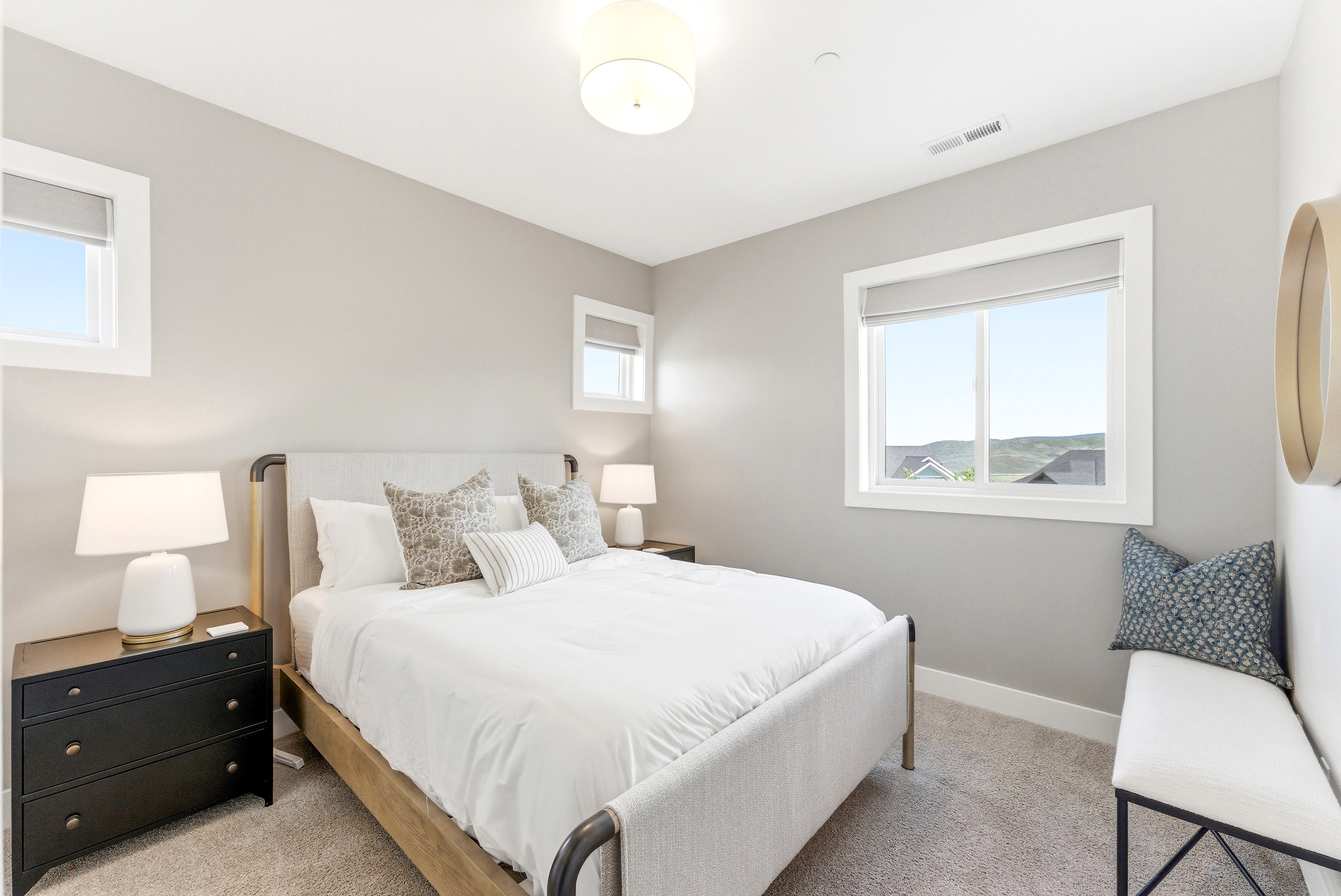 Neutral-toned bedroom featuring carpet flooring, multiple windows with roller shades, and a ceiling-mounted light fixture