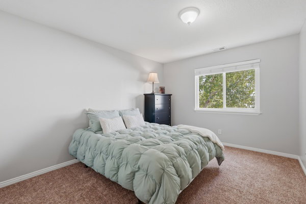 Carpeted room featuring a double-paned window, neutral wall paint, white baseboards, and a semi-flush mount ceiling light